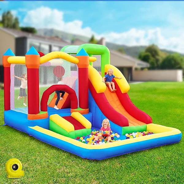 7-in-1 Bounce House with Climbing Wall & Slide, Inflatable Bouncy Castle with Blower, Ball Pit, Basketball Hoop for Backyard, Indoor Outdoor Playground for Kids Toddlers Ages 3-10 (150" x 103" x 85")