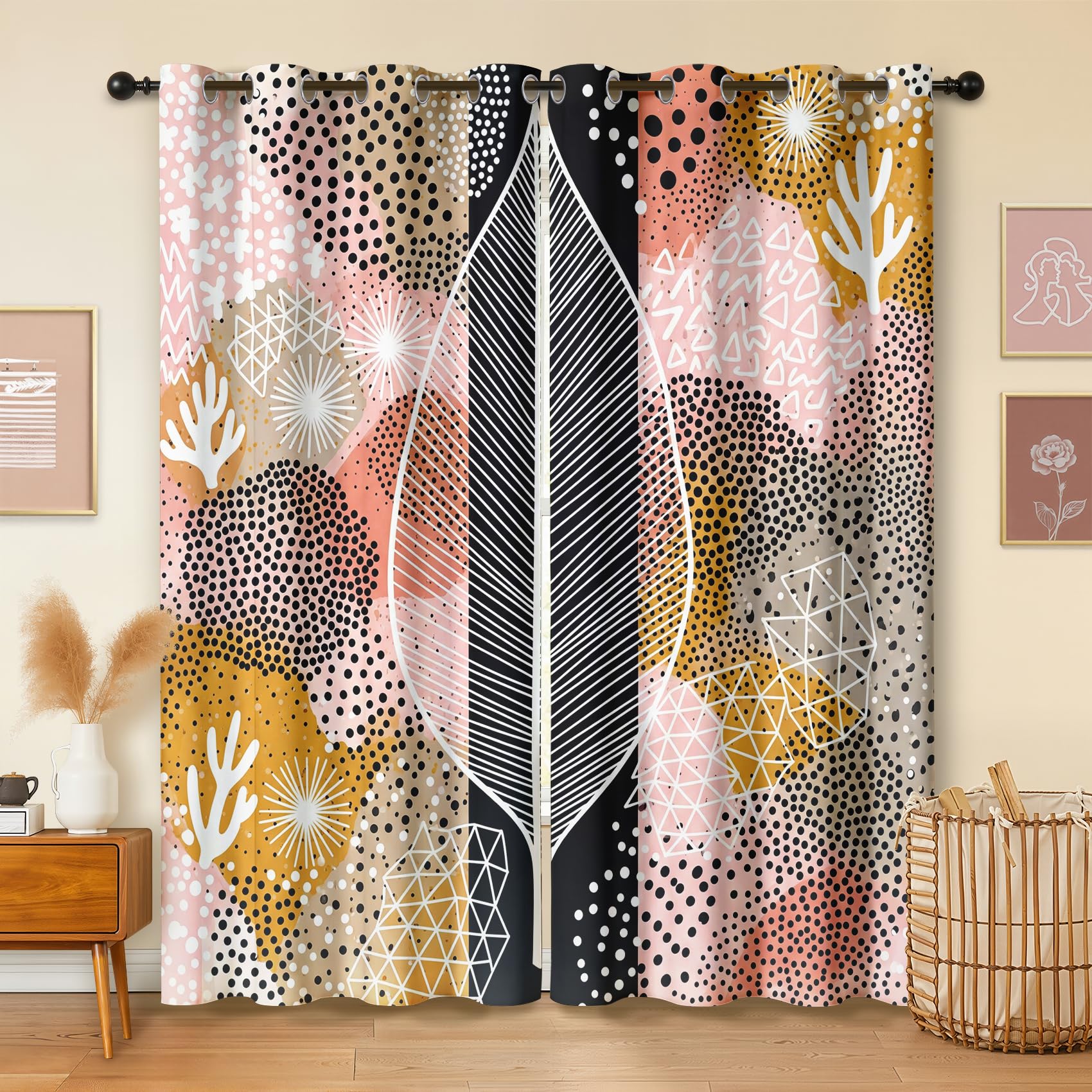 Havenix Blush Pink Abstract Geometric Blackout Curtains for Bedroom Living Room, Modern Botanical Leaf Patterned Curtains 66x72, Thermal Insulated Eyelet Drapes for Windows, 2 Panels