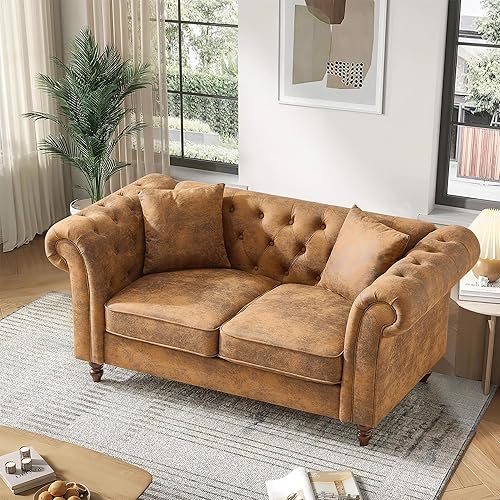 Miniatura 15 de Sofá Chesterfield Air tapizado de cuero de 79 pulgadas, sofá tapizado con brazo enrollado de 3 plazas con 2 almohadas, sofá Chesterfield moderno de