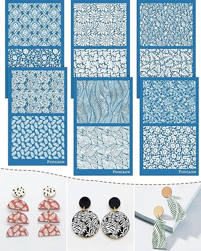 Puocaon Pantalla de seda de arcilla botánica, 6 plantillas de pantalla de seda reutilizables para plantas para fabricación de joyas de arcilla