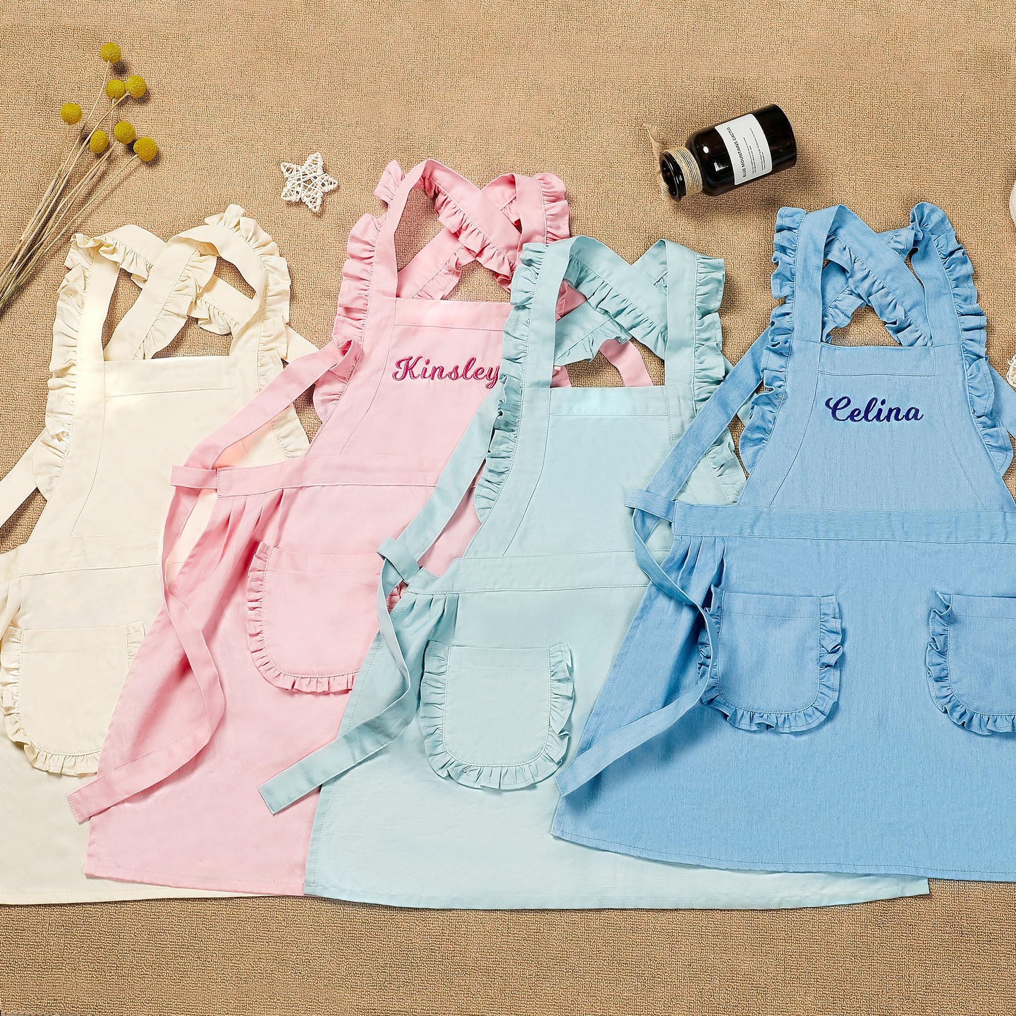 MT WORLD Kids Aprons for Girls Personalized Toddler Aprons Ruffle Cross Back with Pockets Cooking Pinafore Art Smock for Kids Cooking Baking Painting Crafting Art BBQ Christmas Gifts (Pink,Small)