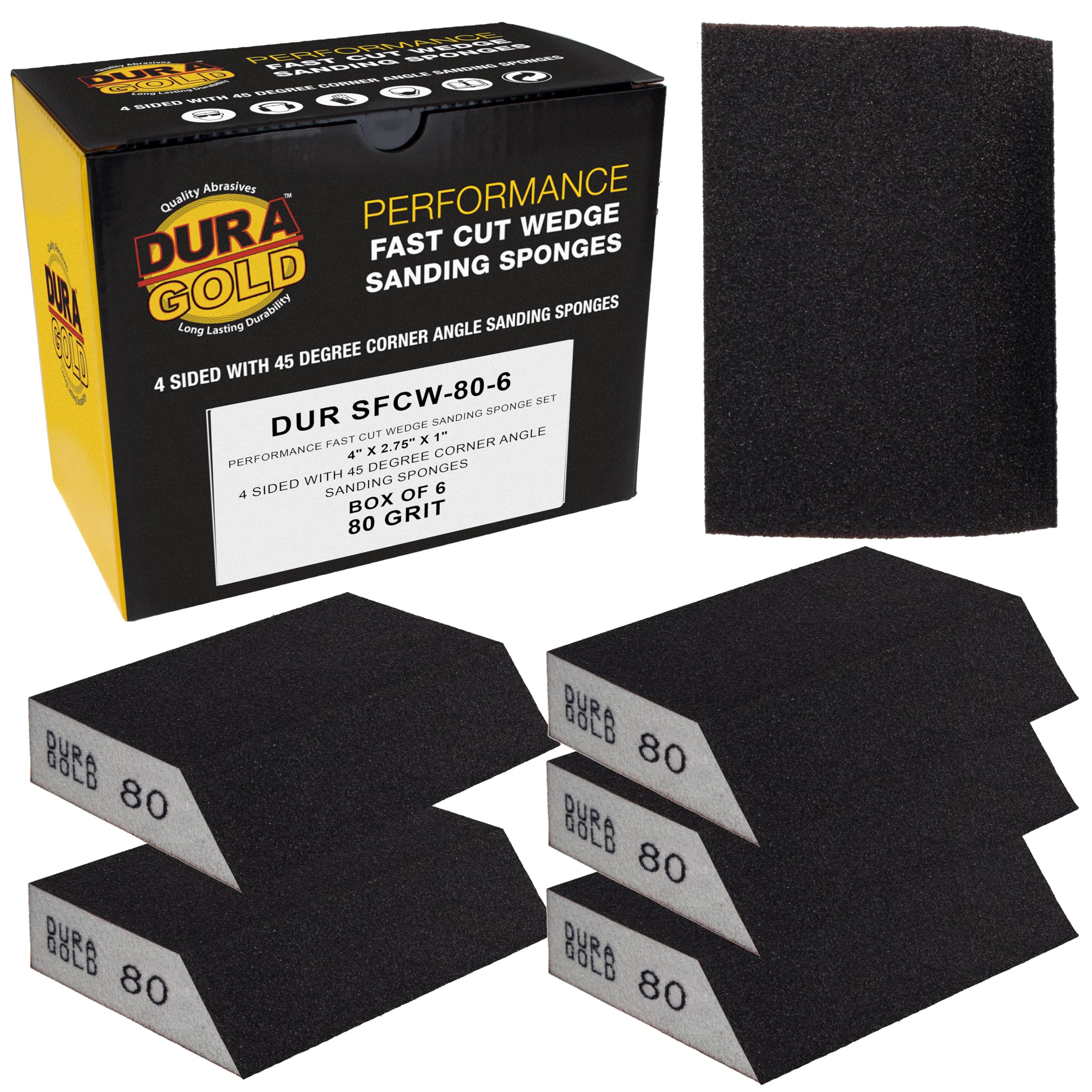 Dura-Gold 80 Grit 4-Sided Hand Sanding Block Sponges with Angled Edge, Box of 6 - Performance Flex 3.9" x 2.75" x 1" Wet or Dry Flexible Sandpaper