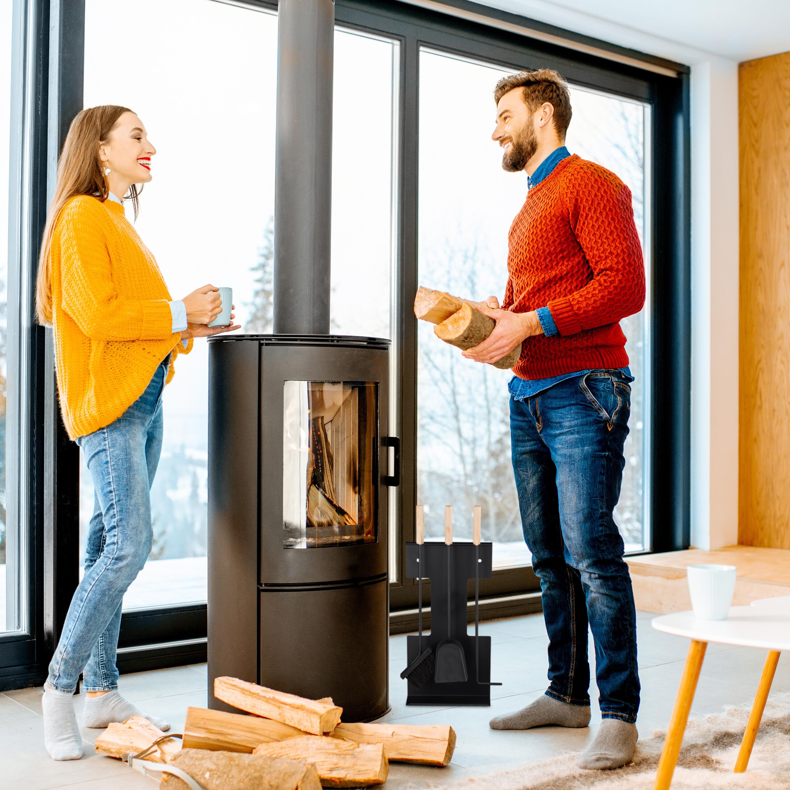Relaxdays Nowoczesne sztućce kominkowe, 4-częściowy zestaw kominkowy, z szufelką, miotłą, pogrzebaczem i uchwytem, sztućce do pieca, czarny, 66 x 28 x 11 cm