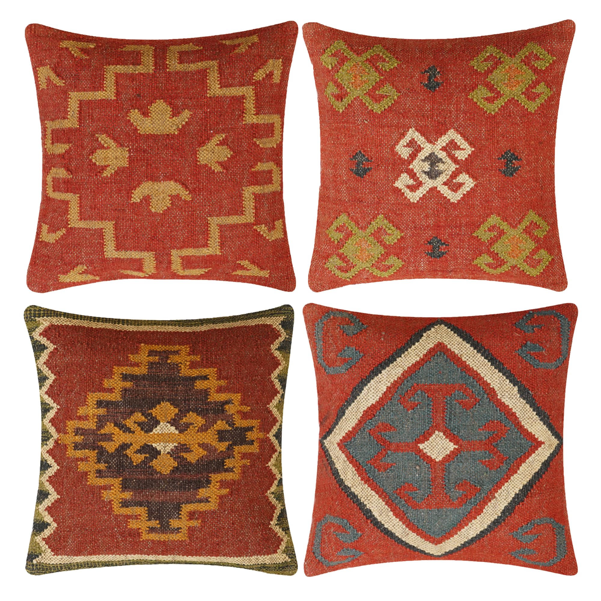 INDACORIFY Set da 4 pezzi Fodera per cuscino Kilim in lana e iuta Tessuta a mano vintage turca Copricuscino decorativo Federe per la casa (Stile- 01)