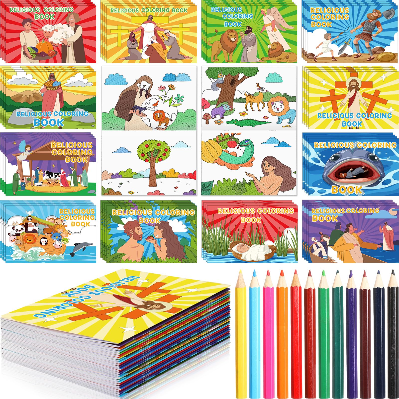 Trandraft 48 Pack Large Religious Coloring Books with 24 Colored Pencils Bible Story Christian Coloring Books for Sunday School Vbs Rewards Basket Fillers Crafts Classroom Artwork Gift for Kids Adults