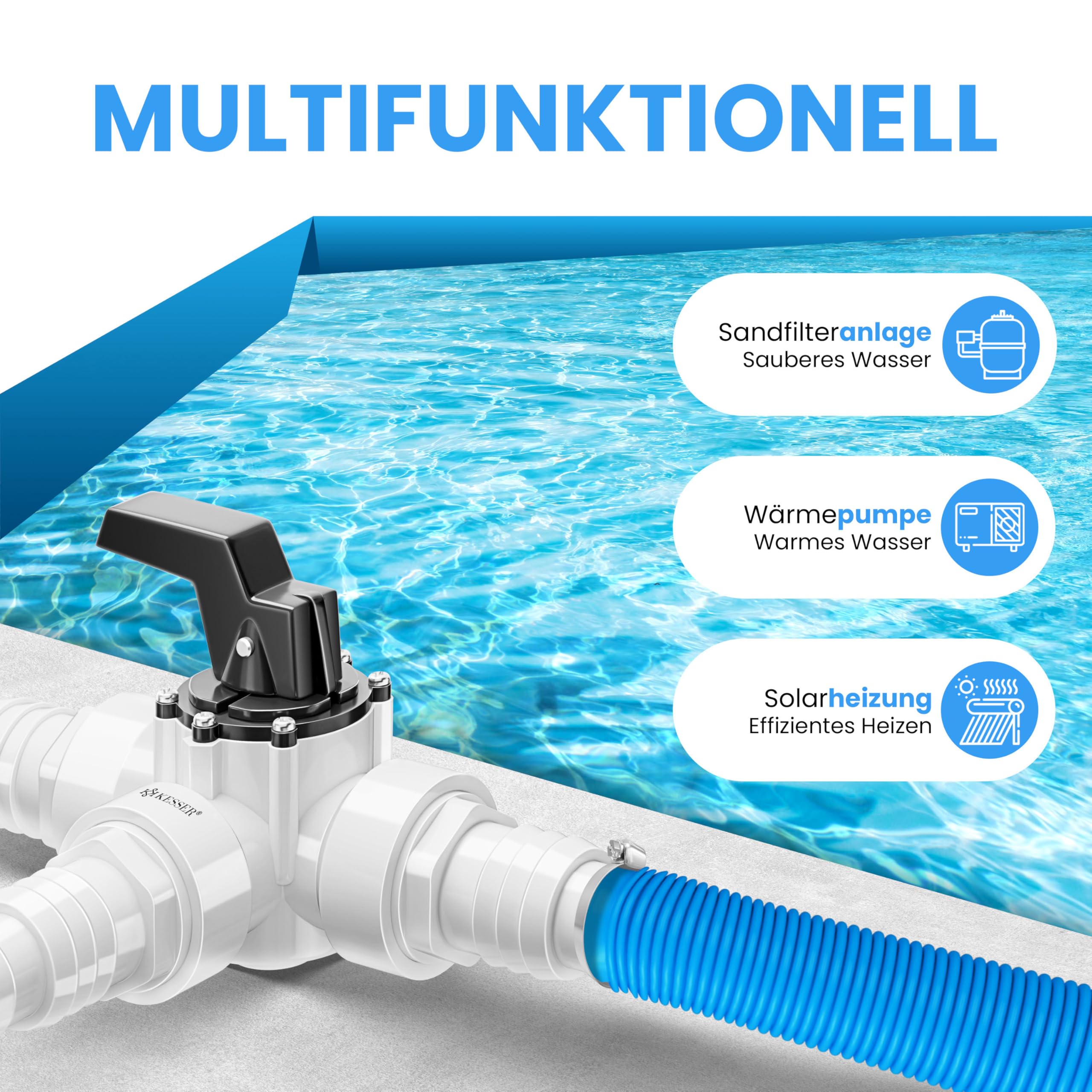 KESSER Bypass Set Pool 12-teilig 3-Wege Ventil Anschluss ABS-Adapter Ø32 Ø38mm Edelstahl-Schlauchschellen Teflon-Dichtband Sandfilteranlage Wärmepumpe Solarheizung