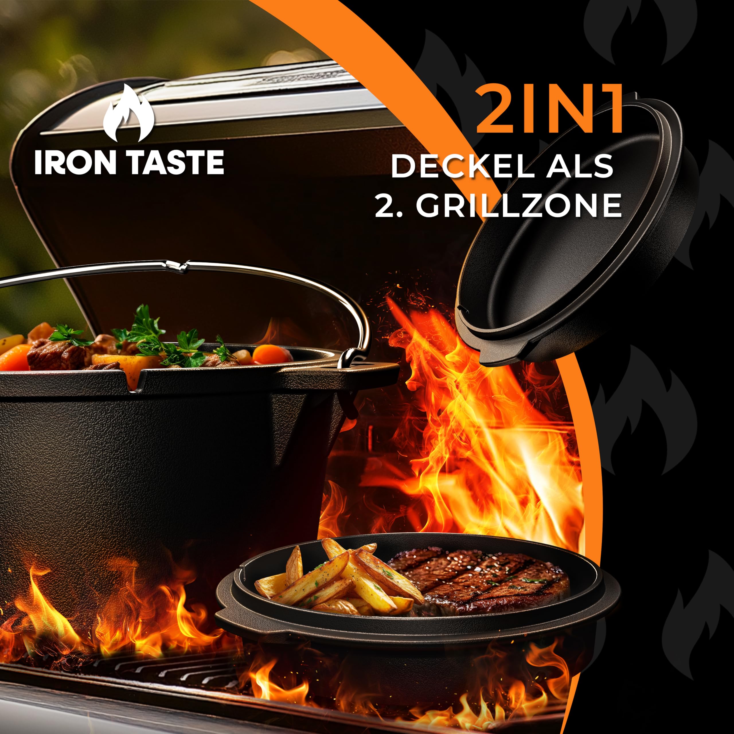 Dutch Oven Set 12L - Eingebrannter Dutch Oven 12 Liter - Feuertopf Gusseiserner Topf mit Füßen & mit praktischem Deckelheber [für 10-16 Personen]