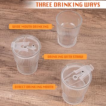 13oz/400ML Glass Tumbler with Straw and Lid Ribbed Vertical Ice Coffee Cups Sealed Carry on for Coffee Iced Tea, Thick Wall Glassware Tumbler Water Glass