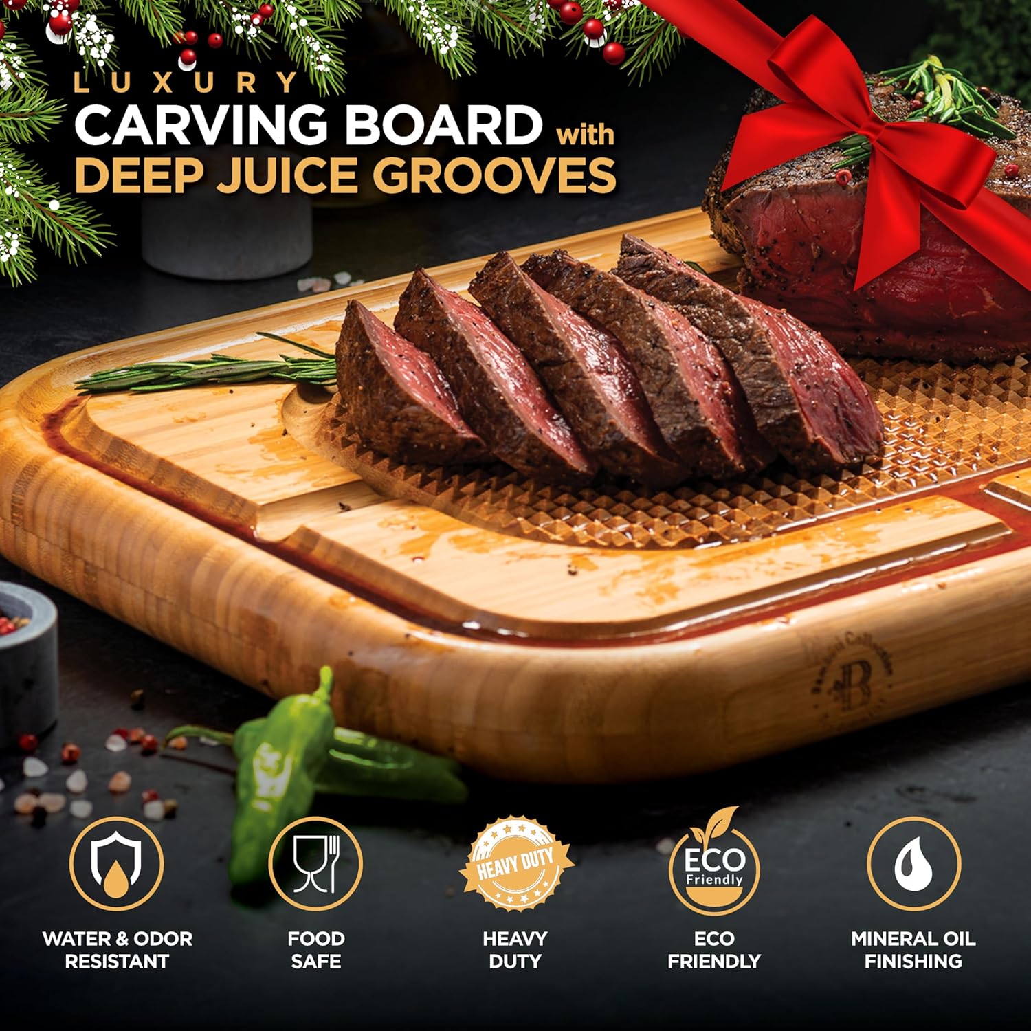 Extra Large Bamboo Meat Cutting Board, 18x13 Thick Reversible Butcher Block Carving Board with Deep Juice Groove, Non-Slip Center, Heavy Duty Chopping Block for Turkey, Steak, Brisket, BBQ & Poultry