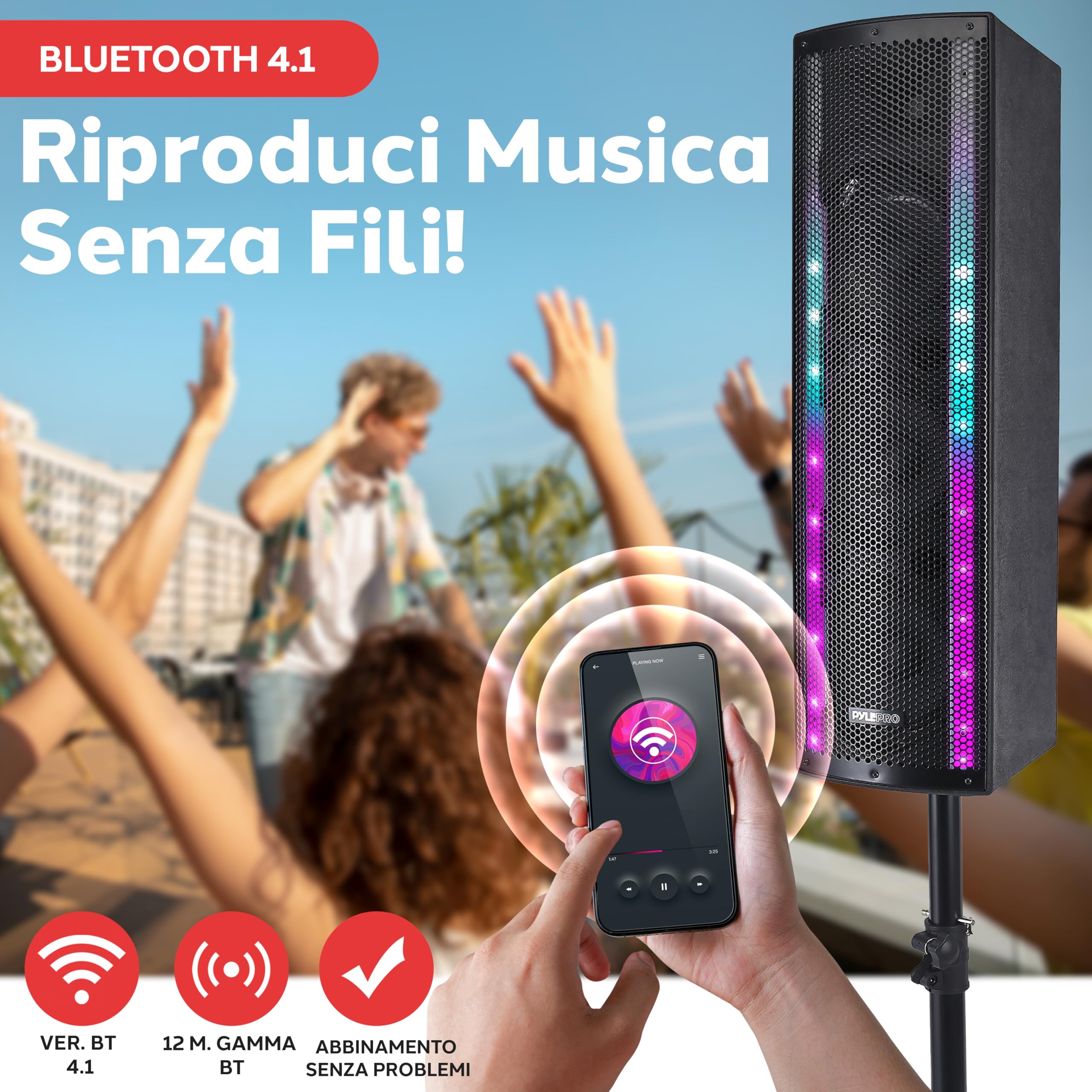 Pyle Casse Bluetooth Portatili, 3 Vie, Altoparlante Bluetooth Attivo e Passivo, Sistema PA Portatile con Ingresso Microfono, Speaker con Luci per Feste, Treppiedi, Radio FM, Telecomando, Nero