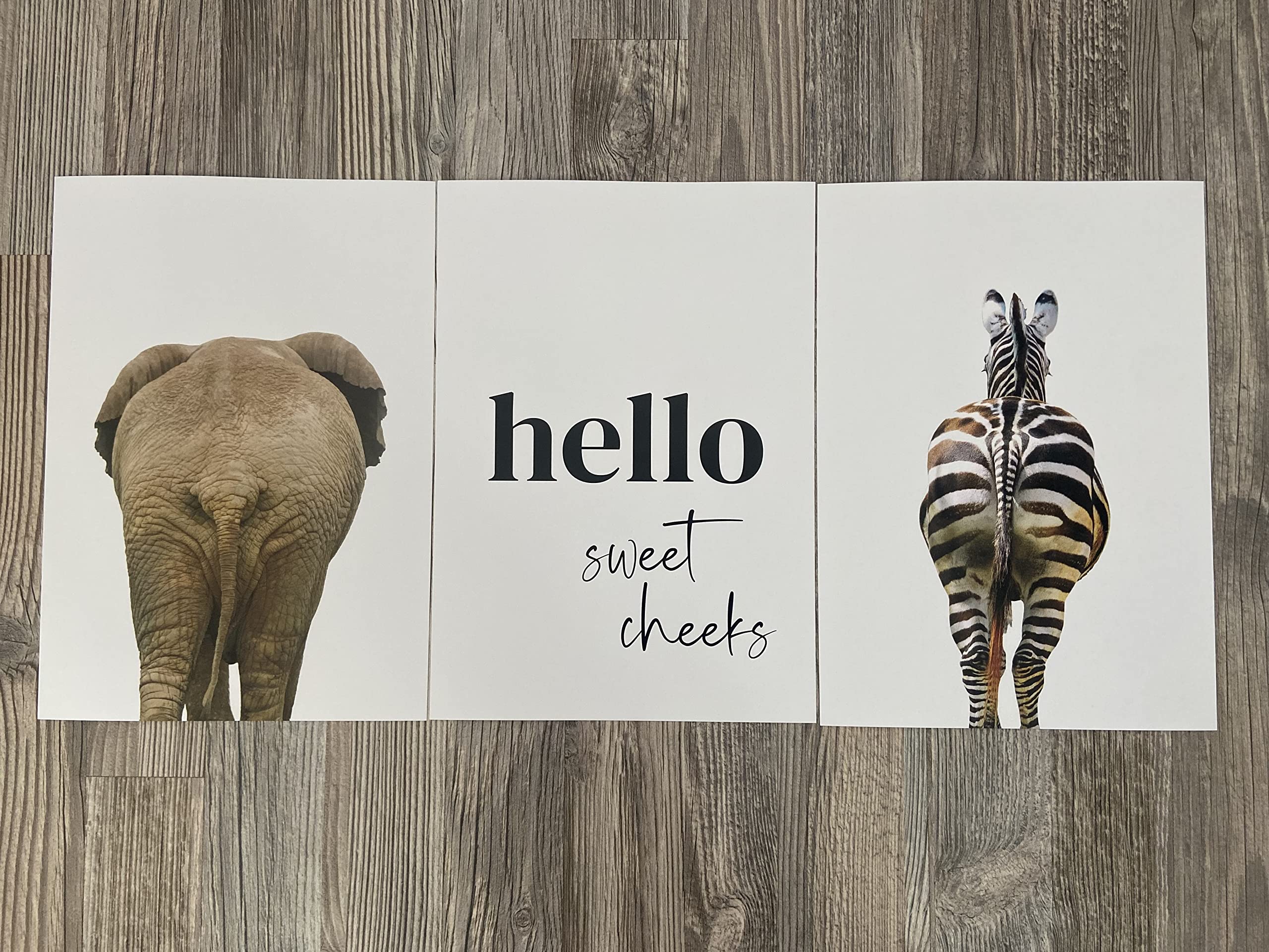 Eviepops Prints Elephant Zebra Bum Bathroom Wall Art Set of 3 Unframed Safari Animal Prints, Hello Sweet Cheeks Quote - Image 2