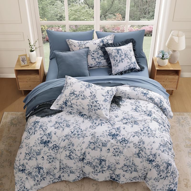 BLOOMHAVEN Queen Comforter Set-7 Pieces Blue Floral Bed in a Bag Queen image 3