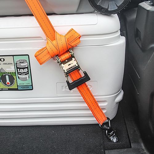 Miniatura 8 de HFS (R) - 4 correas de amarre de carga de trinquete de 12.5 x 14.8ft, 3000 libras, ganchos dobles en J (naranja)