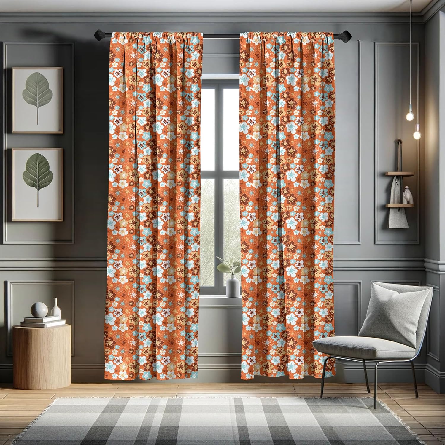 Ambesonne Orange Curtains, Old Fashioned Doodle Flora Abstract Blooming Meadow in Summer Theme, Window Treatments 2 Panel Set for Living Room Bedroom, Pair of - 28" x 95", Sky Blue