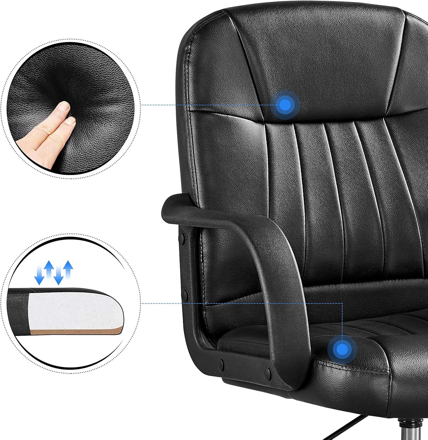 Close-up of the chair's padded seat and armrest, highlighting the material and construction.