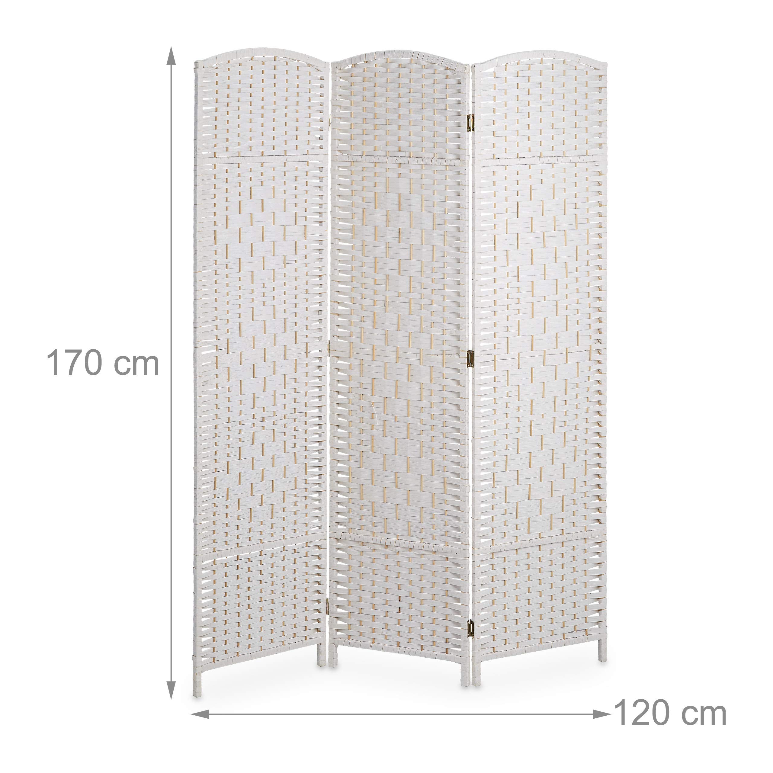 Relaxdays Paravent Raumteiler, HxB: 170 x 120 cm, Faltbarer Raumtrenner, 3-teiliger Sichtschutz, Holz & Papierseil, weiß