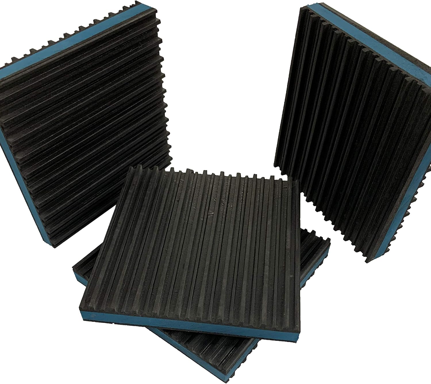 HEAVY DUTY ANTI VIBRATION ISOLATION PADS 4" X 4" X 7/8" RIBBED RUBBER WITH BLUE COMPOSITE FOAM CENTER, QUANTITY 4