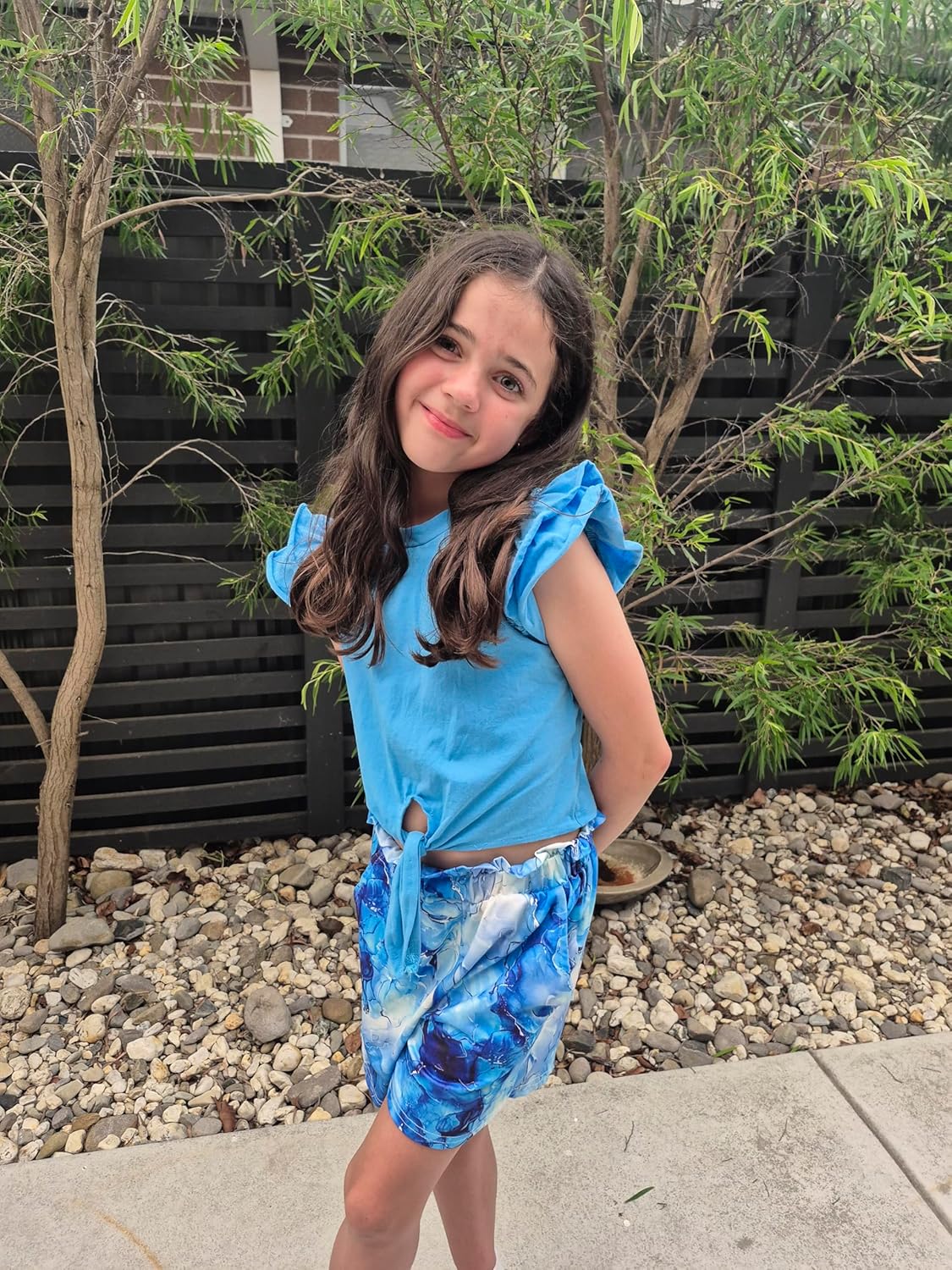 Kids4ever Girls 2Pcs Outfits For 5-12Y Ruffle Short Sleeve Tie Knot Front Top And Shorts Set For Kids School