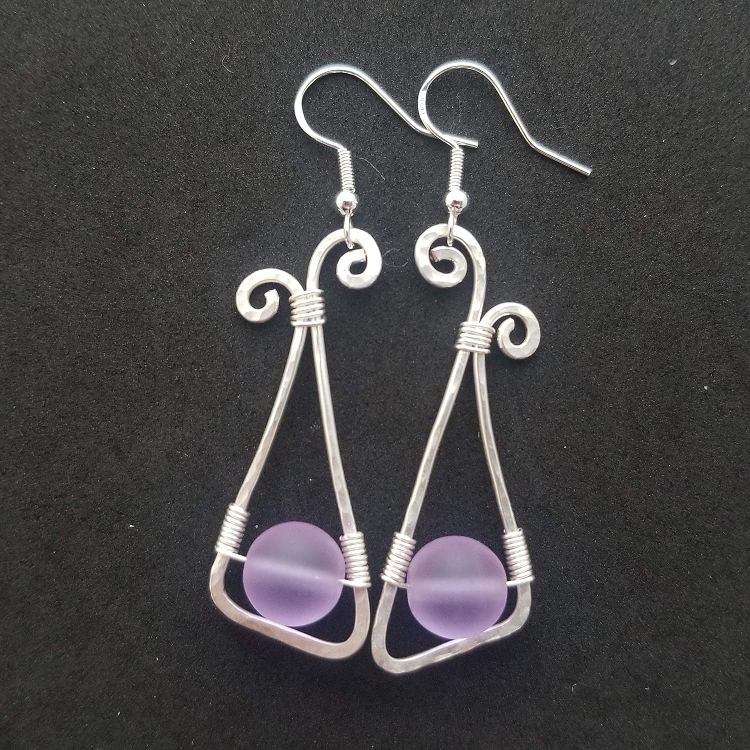 Handmade Sea Glass Earrings, Hawaiian Jewelry for Women, Hammered Wire Loop Magical Color Changing Purple Earrings, Sea Glass Jewelry, Birthday Gift For Her (February Birthstone Jewlery)