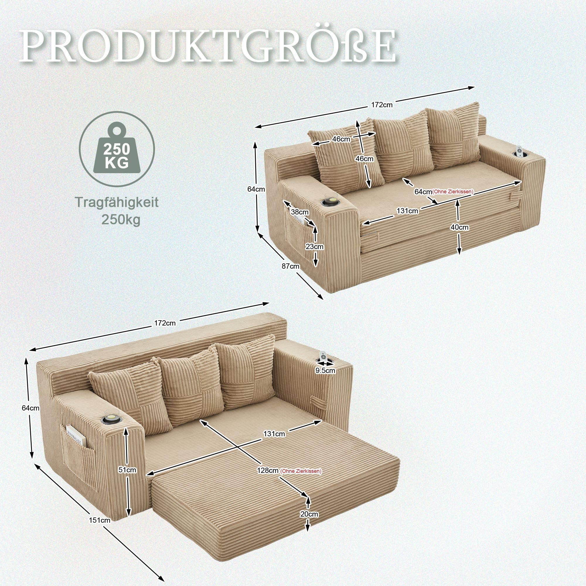 Wygodna 3-osobowa sofa sztruksowa khaki, sofa podłogowa z uchwytami na