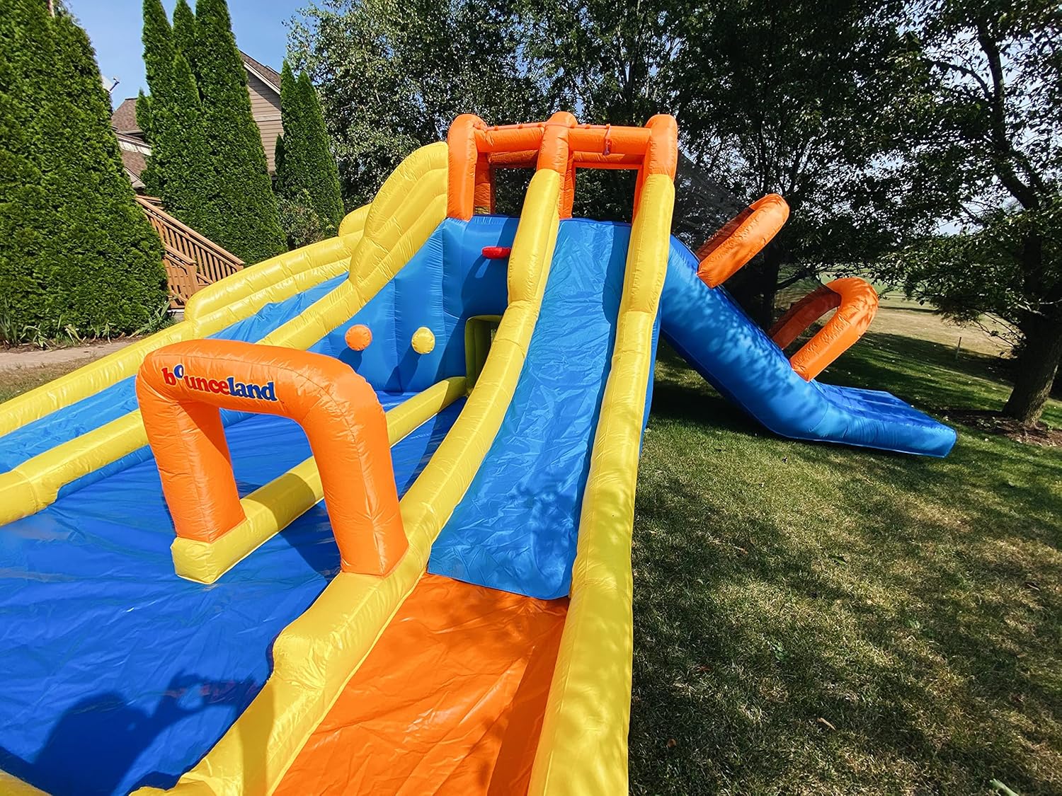 Big Splash Triple Water Slides and Pool Water Park, 24 ft L x 21 ft W x 8 ft H Triple Slides Blower Included, Splash Pool, Netted for Safety, Outdoor Fun for Kids