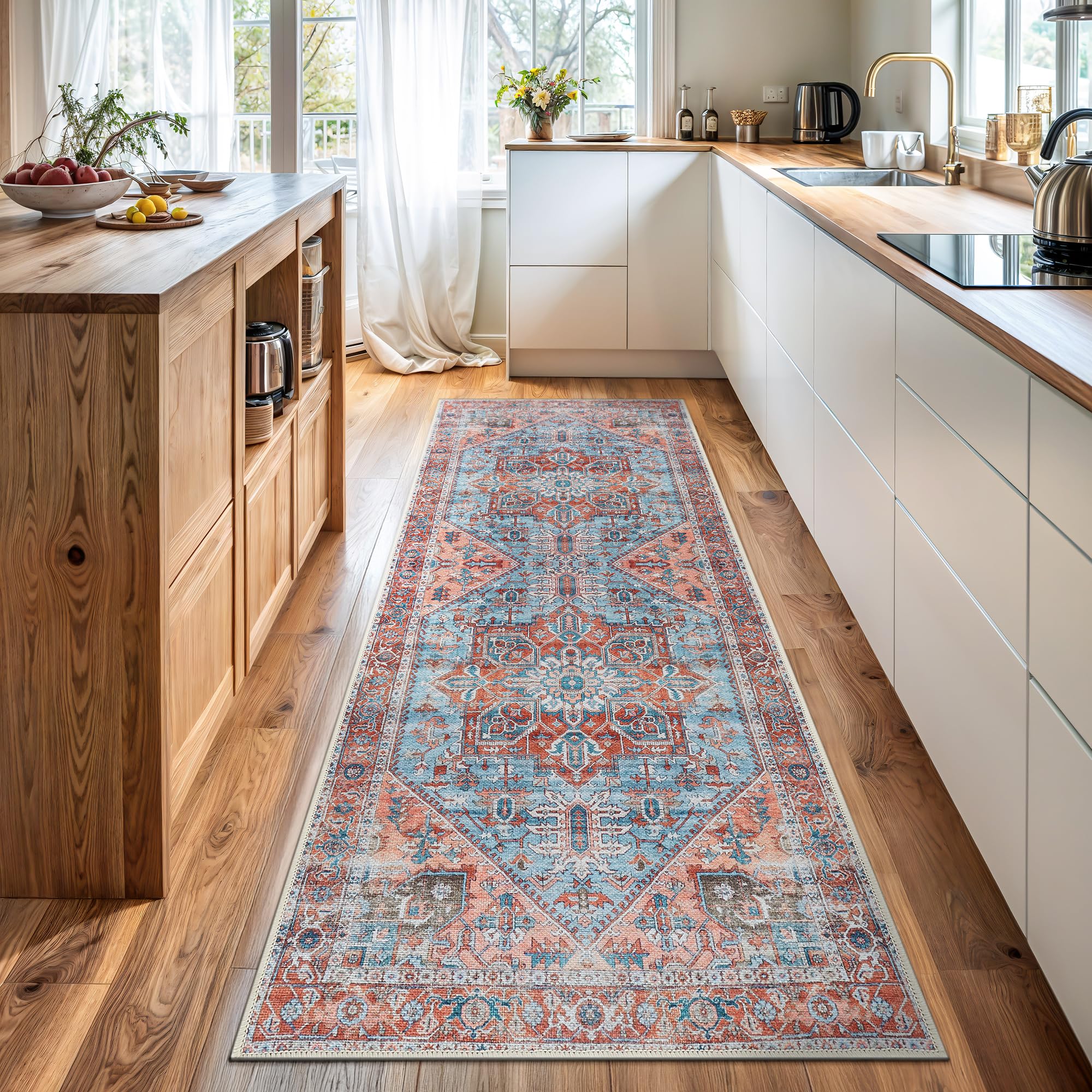 Bloom Rugs Washable Non-Slip 7 ft Runner - Coral/Sky Blue Traditional Medallion Runner for Entryway, Hallway, Bathroom, and Kitchen - Exact Size: 2.5' x 7'