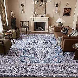 Vintage 9x12 Washable Area Rug, Low-Profile Large Area Rug with Non-Slip Backing & Durable Edge Binding, Pet-Friendly Carpet, Large Rug for Living Room, Bedroom & Dinning Room