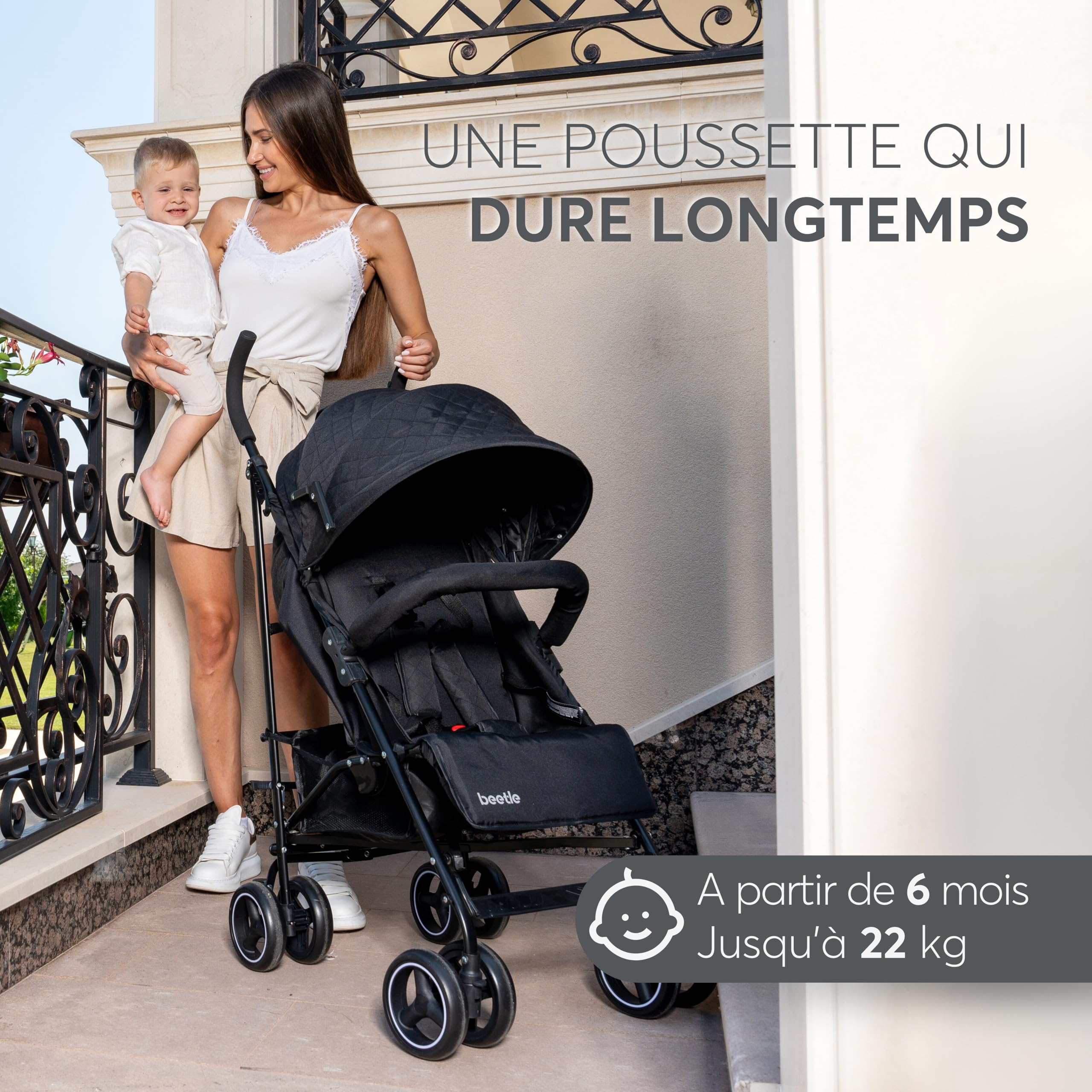 Poussette KikkaBoo BEETLE pliable compacte gris jusqu'à 22 kg