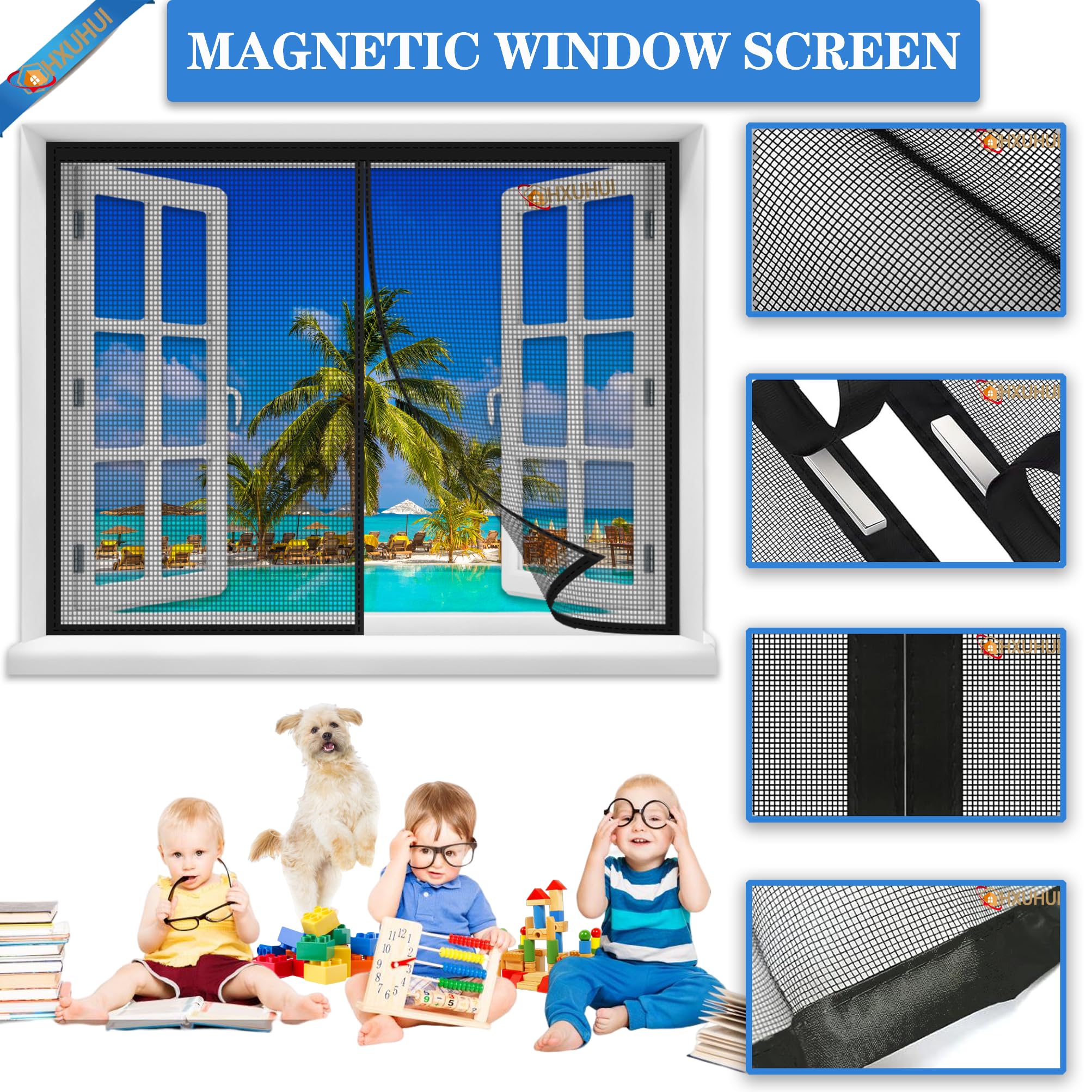 Fliegengitter Magnet Schwarz 235x210cm Magnet Insektenschutz Fenster Moskitonetz mit Klebeband Magnete Automatisch schließen für Küche/Wohnzimmer/Schlafzimmer