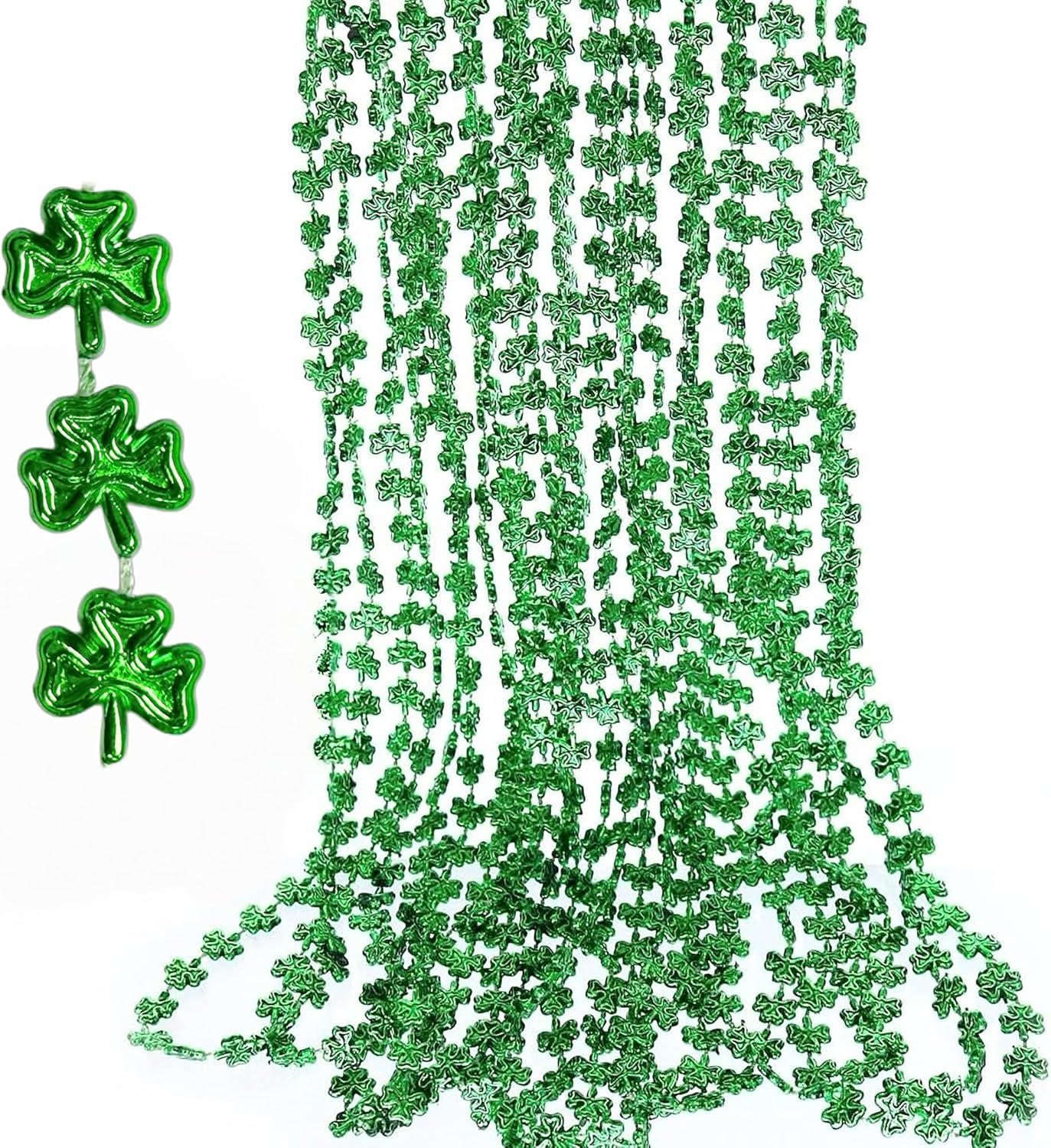GiftExpress 12-Pack 33'' St. Patrick’s Day Shamrock Beads – Green Metallic Clover Mardi Gras Party Necklaces, Festive Beaded Jewelry for Costumes & Celebrations