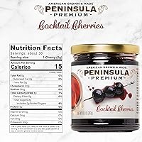 Vista 2 de Cerezas de cóctel Península Premium. Ganador de premios. Rojo borgoña intenso. Suave como la seda, rico jarabe. Lujoso sabor afrutado y agridulce.
