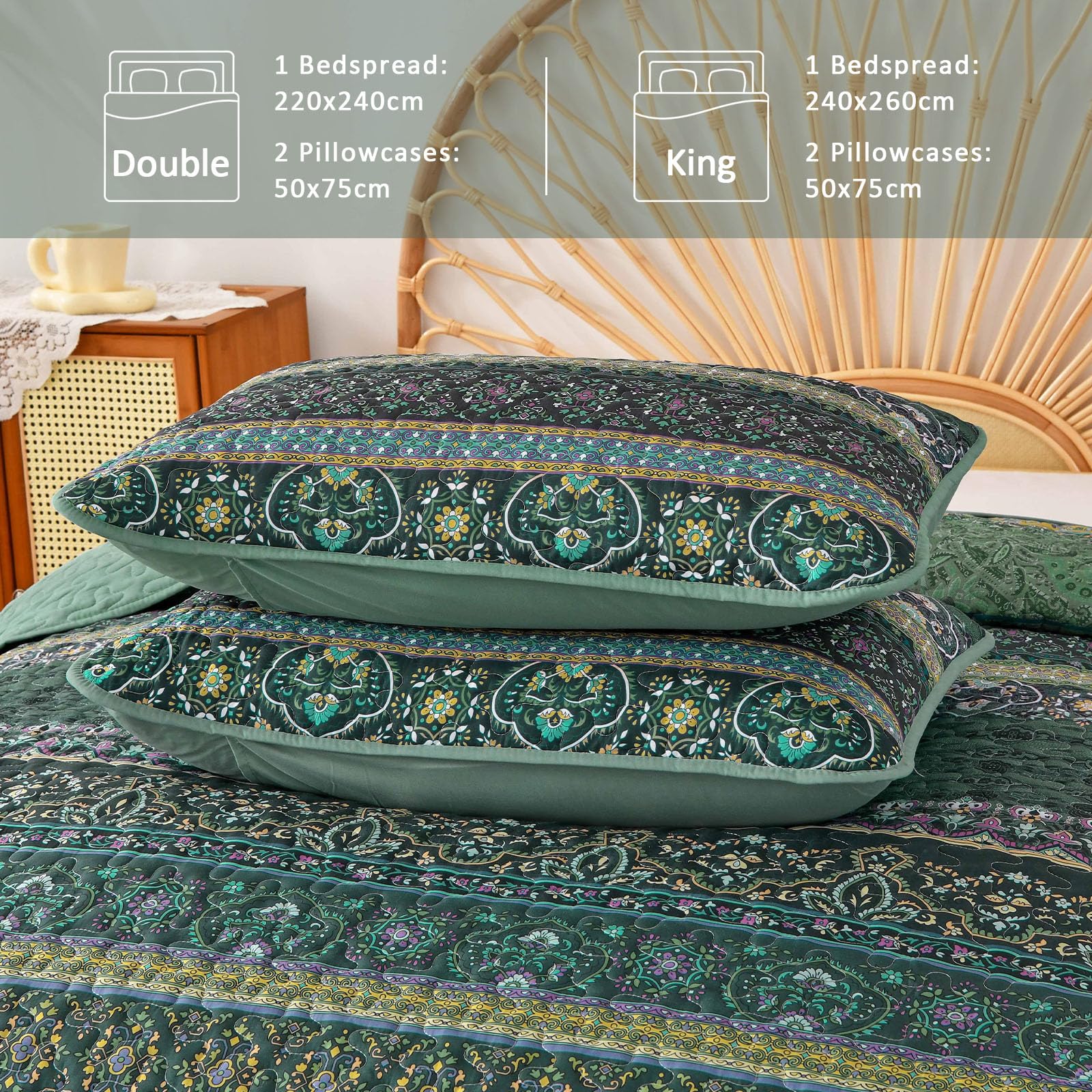 WONGS BEDDING Bohema narzuta na łóżko królewskie, boho, wzór w paski, pikowana narzuta na łóżko na każdą porę roku, miękka kołdra z mikrofibry, rozmiar king size, 240 x 260 cm