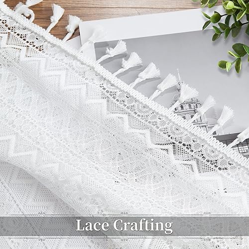 Miniatura 5 de Cortinas traslúcidas de encaje bohemio de 54 pulgadas de largo, juego de 2 paneles de cortinas con patrón geométrico rústico negro con borlas para