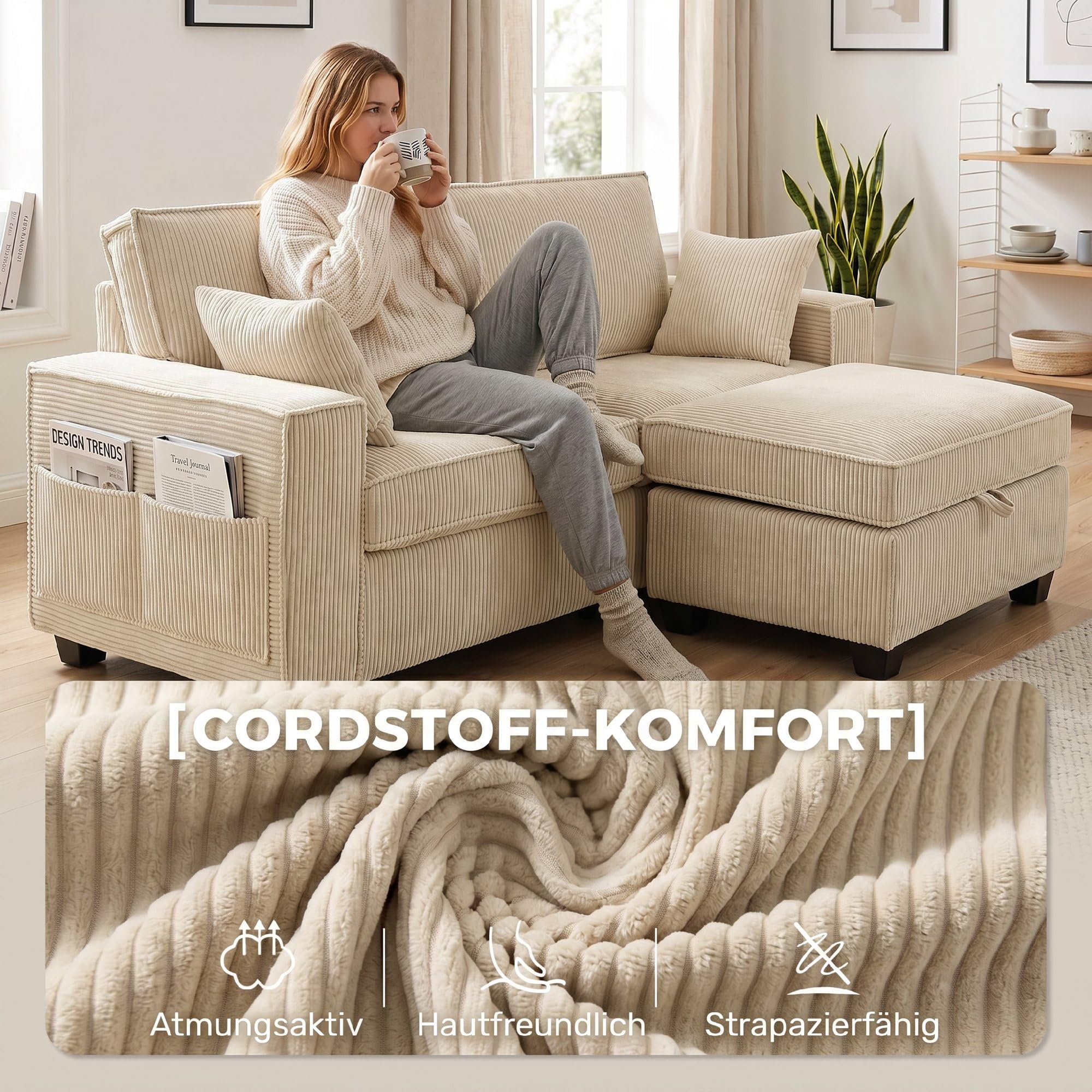 HOMCOM Ecksofa 216 cm L-Form mit Umkehrbarem Aufbewahrungshocker Beige