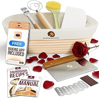 Superbaking 10" Oval Banneton Bread Proofing Basket – Sourdough Starter Kit for Crusty Artisan Style Loaves, Includes Essential Bread Baking Supplies & Tools - Ideal Gift for Bakers