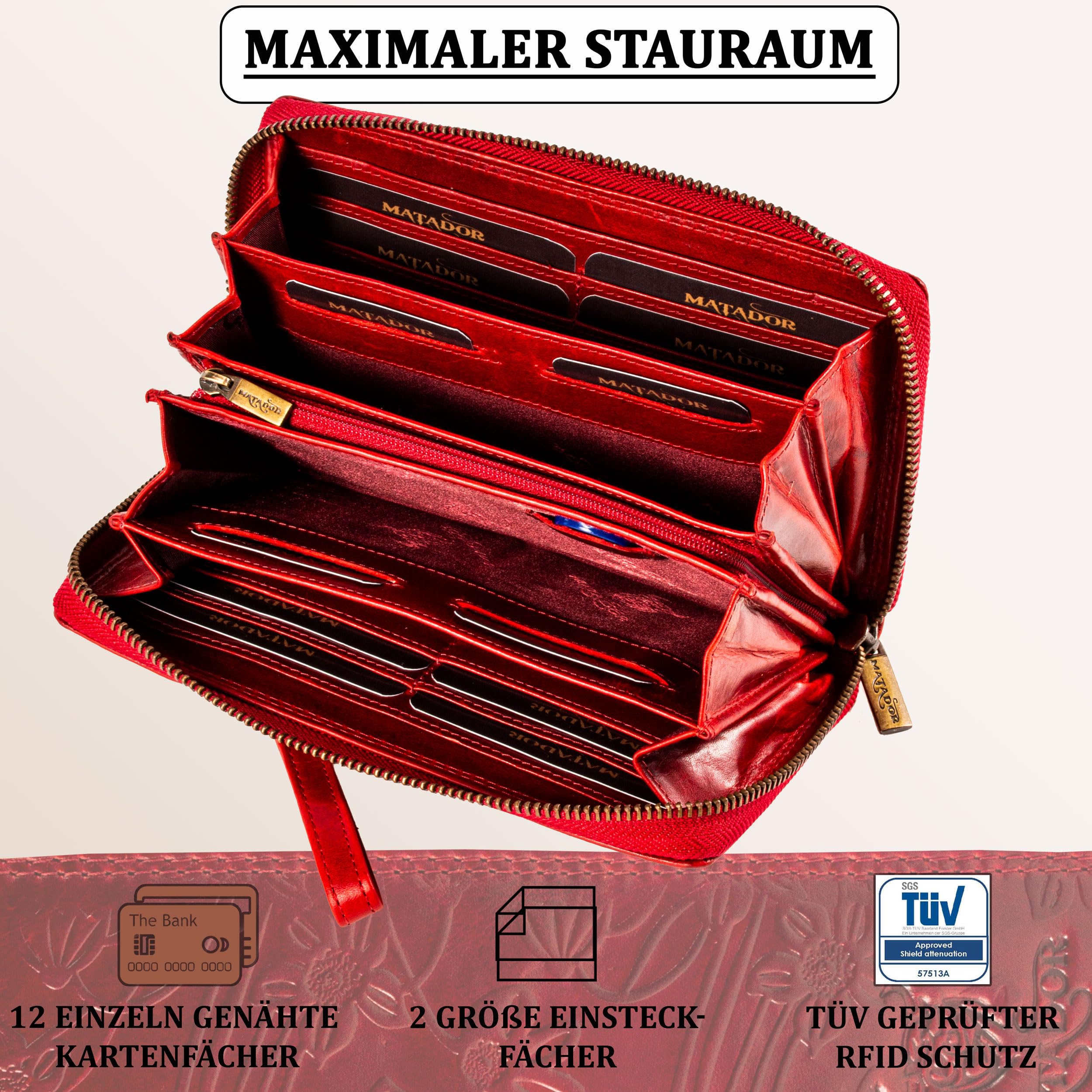 MATADOR Cadiz XL Portafoglio da Donna in Pelle Grande Con Scatola Regalo | RFID e Protezione NFC | Blu Rosso