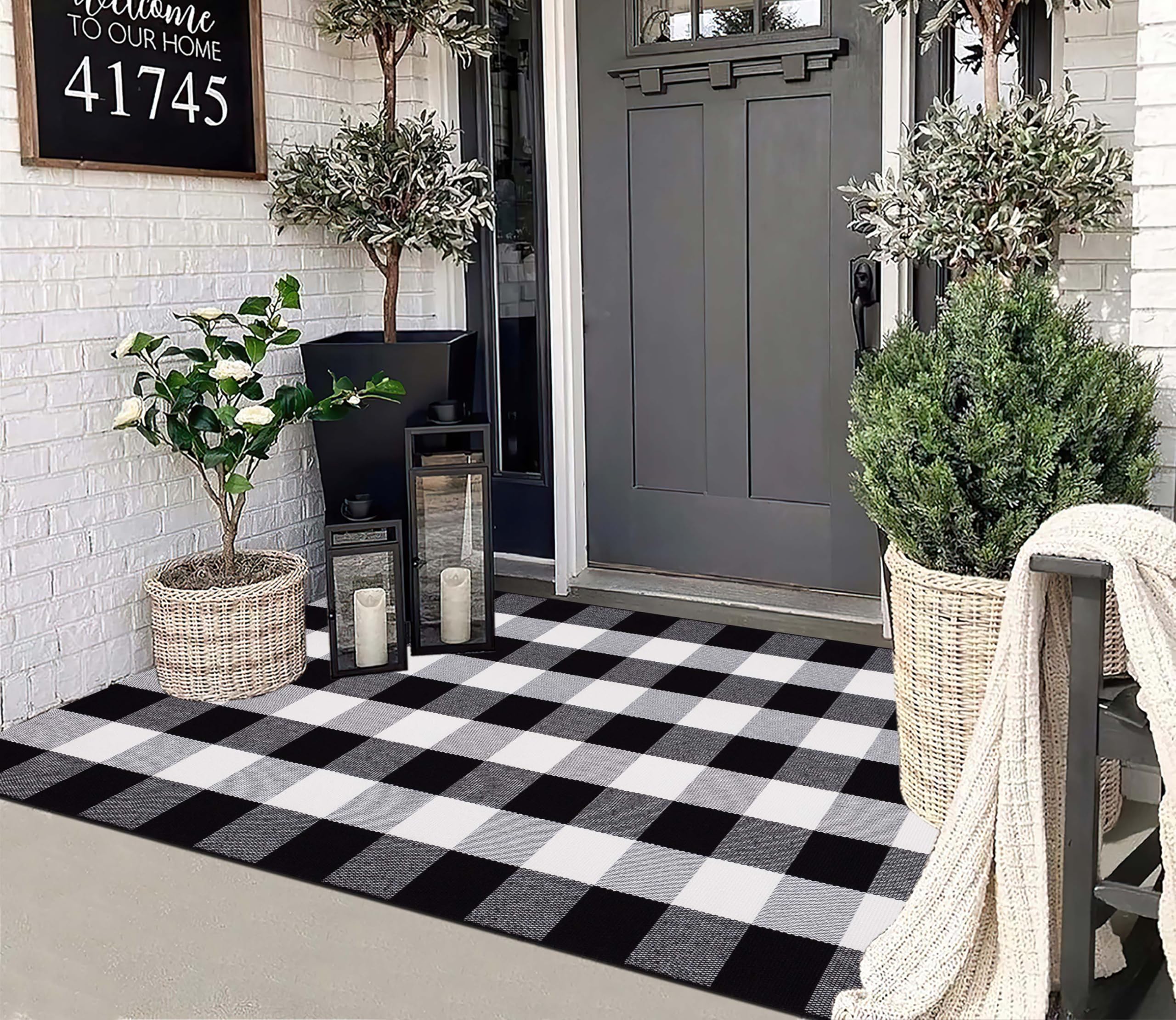 3'x 5' Outdoor Rug,Black and White Fall Porch Rug Cotton Woven Washable Layered Doormat for Welcome Door Mat Porch Entryway Bedroom Living Room