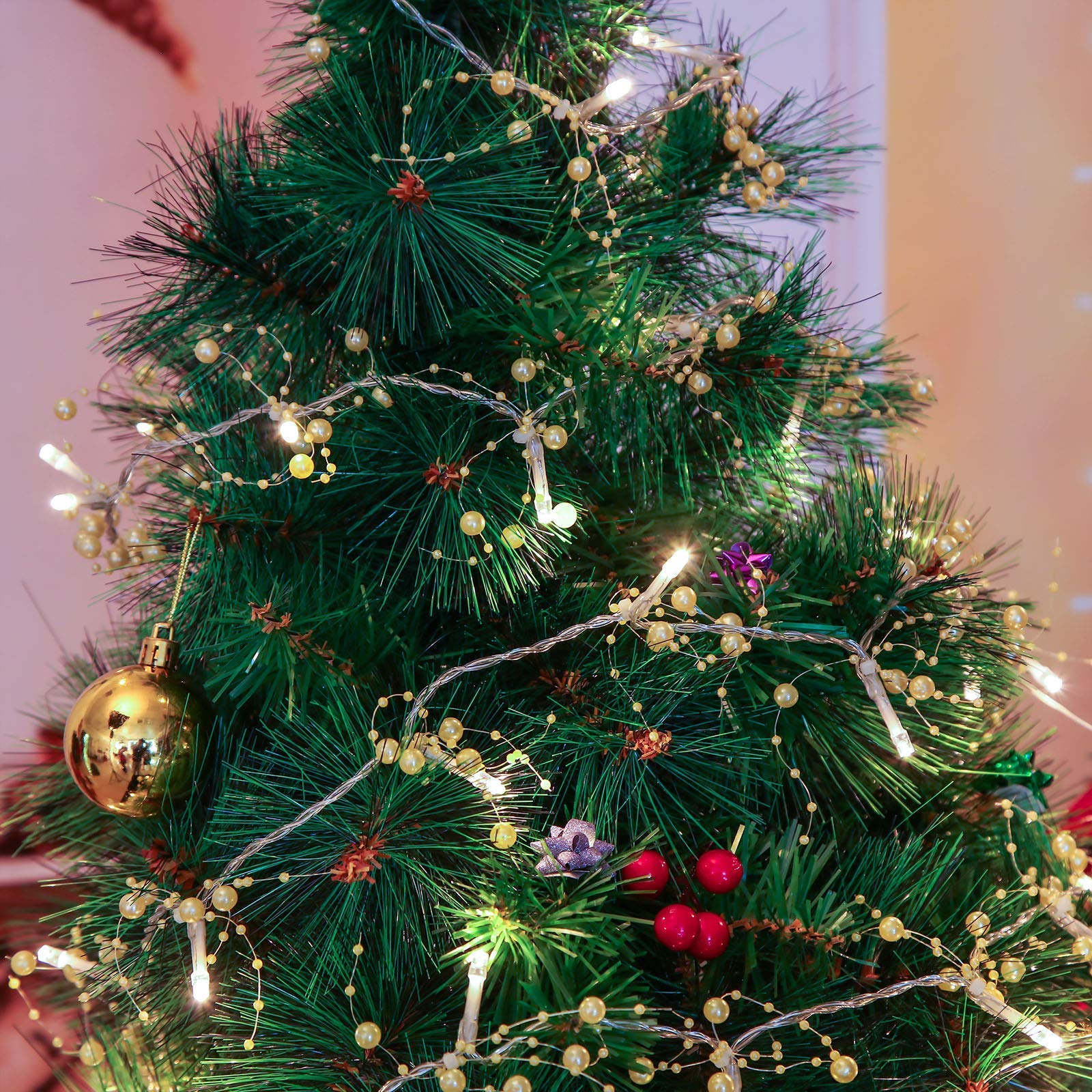 Luci Natalizie a LED da 20 Piedi Luci a Ghirlanda con Perline di Bacche 60 Luci Natalizie a LED per Interni Luci Natalizie a Batteria con Perline Solide per Natale, Decorazioni per