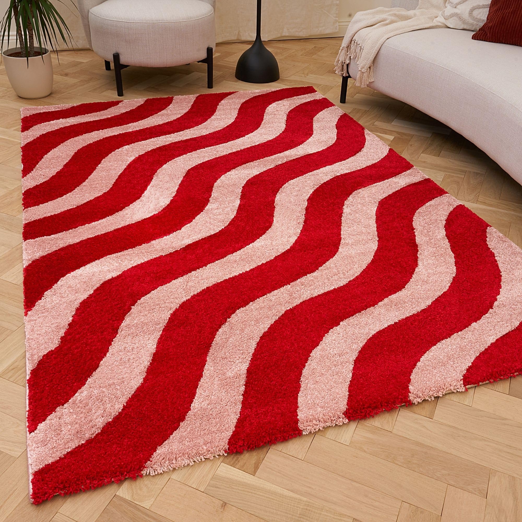 THE RUGS Joli Area Rug - Soft Dense Pile Modern Artistic Design, Durable & Easy Care Carpet for Living Room & Bedroom - Striped Red & Pink, 160 x 230 cm