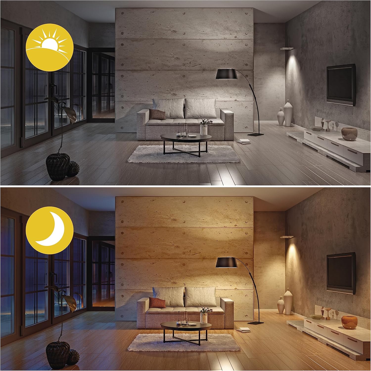 Comparison image showing a room with bright daylight and the same room with warm, dim lighting at night, illustrating day/night lighting scenarios