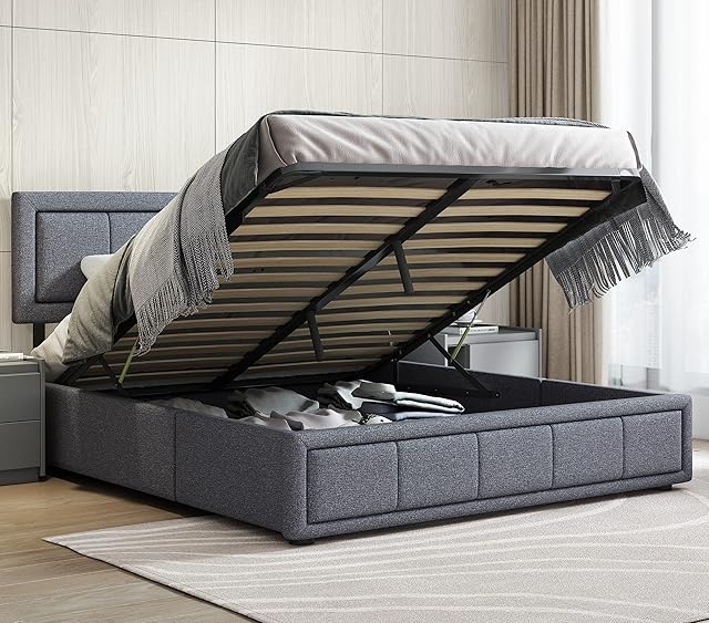 Upholstered Ottoman Bed Small Double Bed Frame UKFR Linen Grey Fabric Ottoman Storage Bed With Gas Lift End Opening Wooden Slats With Storage Bed (4ft Small Double 120 x 190, No Mattress)