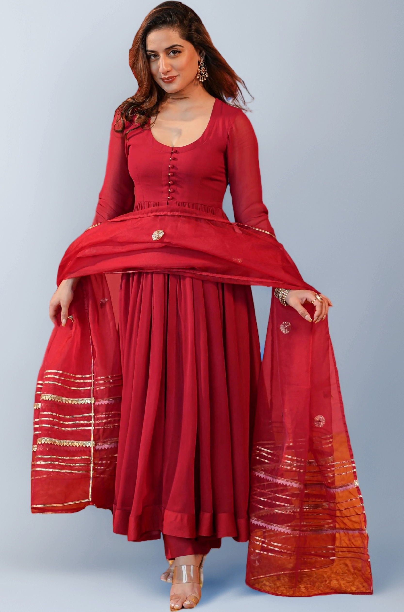 GoSriKi Women's Rayon Blend Anarkali Solid Kurta with Pant & Dupatta