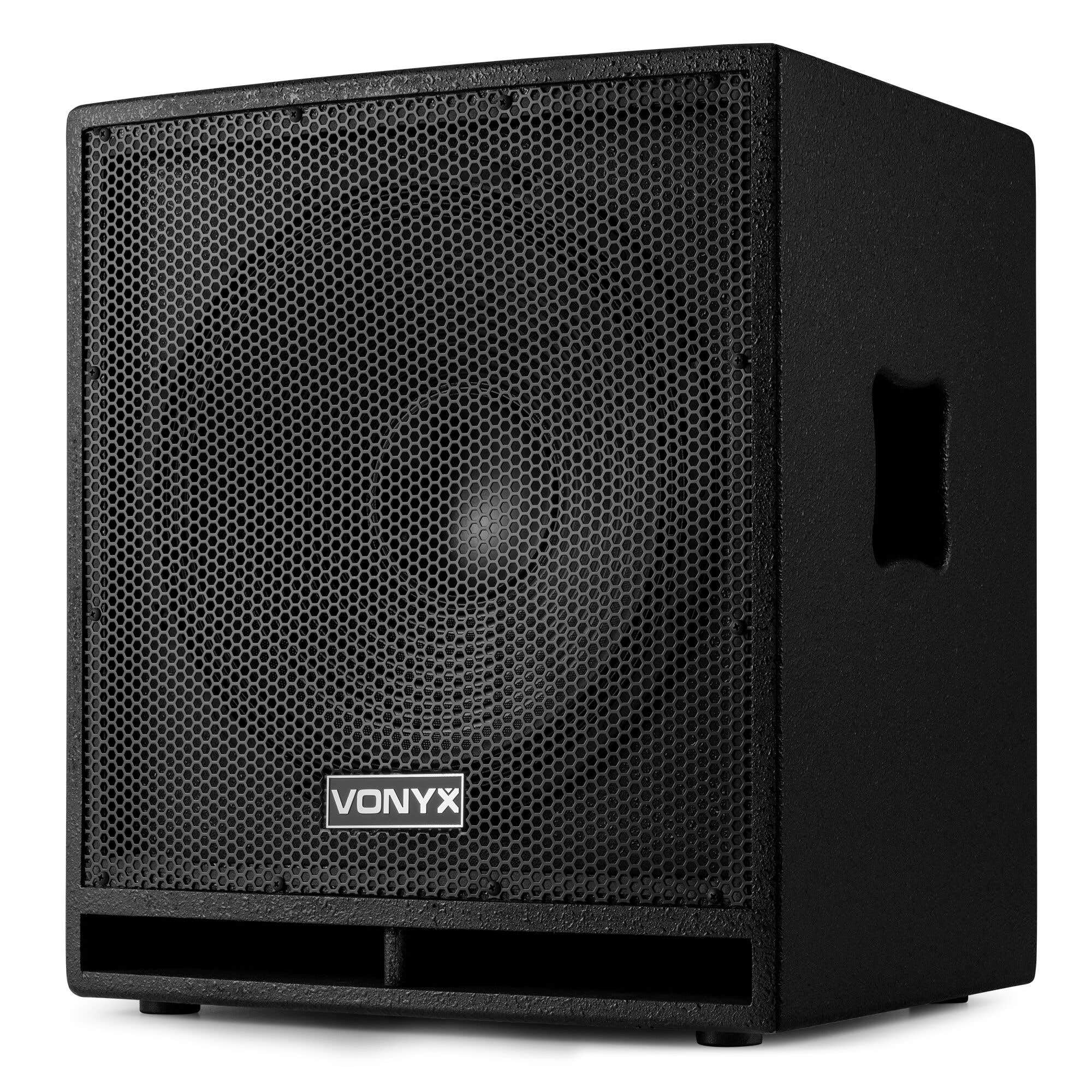 VONYX SWP15 Caisson de Basse Actif 800W, Phase Réglable, Entrée/Sortie XLR + RCA, Amplificateur Intégré, Insert sur la Face Supérieure pour Enceinte Active, Grave 15", Idéal pour DJ Mobile