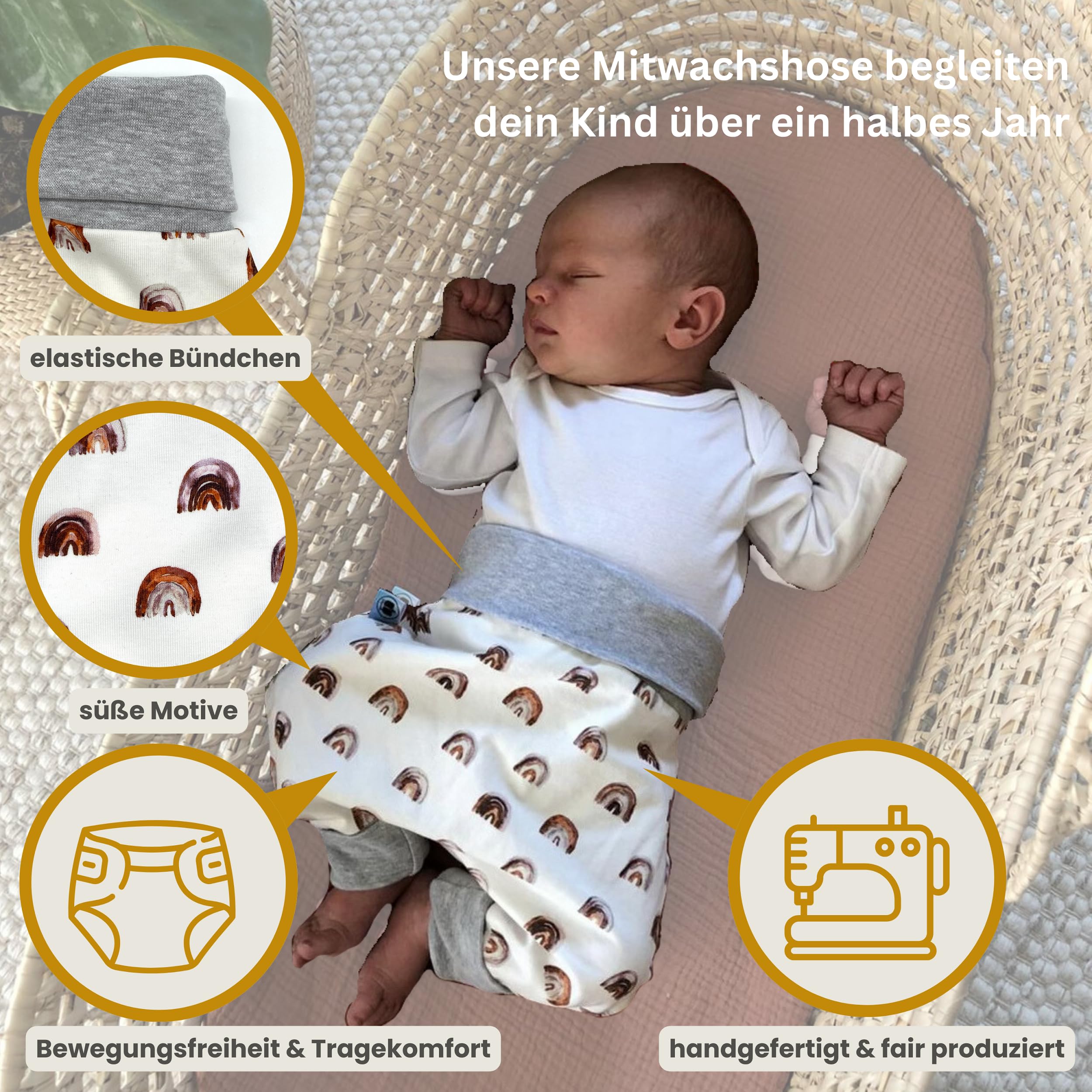 Tulipanelli Baby Pumphose Babyhose - Handgefertigte Mitwachshose aus Baumwoll-Jersey - Größen 50-74 | 68-86 | 92-104 - Breiter Bund