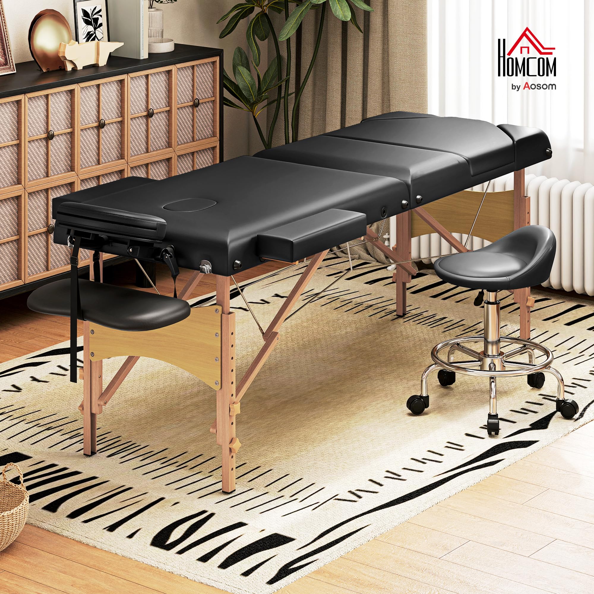 HOMCOM Camilla Masaje Plegable Portátil Camilla Estética Profesional de Madera de 3 Zonas con Altura Ajustable Reposacabezas Reposabrazos Acolchados para SPA Pestañas Tatuajes 215x60x62-89 cm Negro