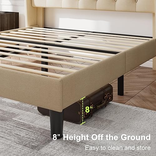 Miniatura 11 de Feonase Base de cama de tamaño matrimonial con cabecera tapizada con respaldo de ala, plataforma y soporte de listones de madera resistente, fácil