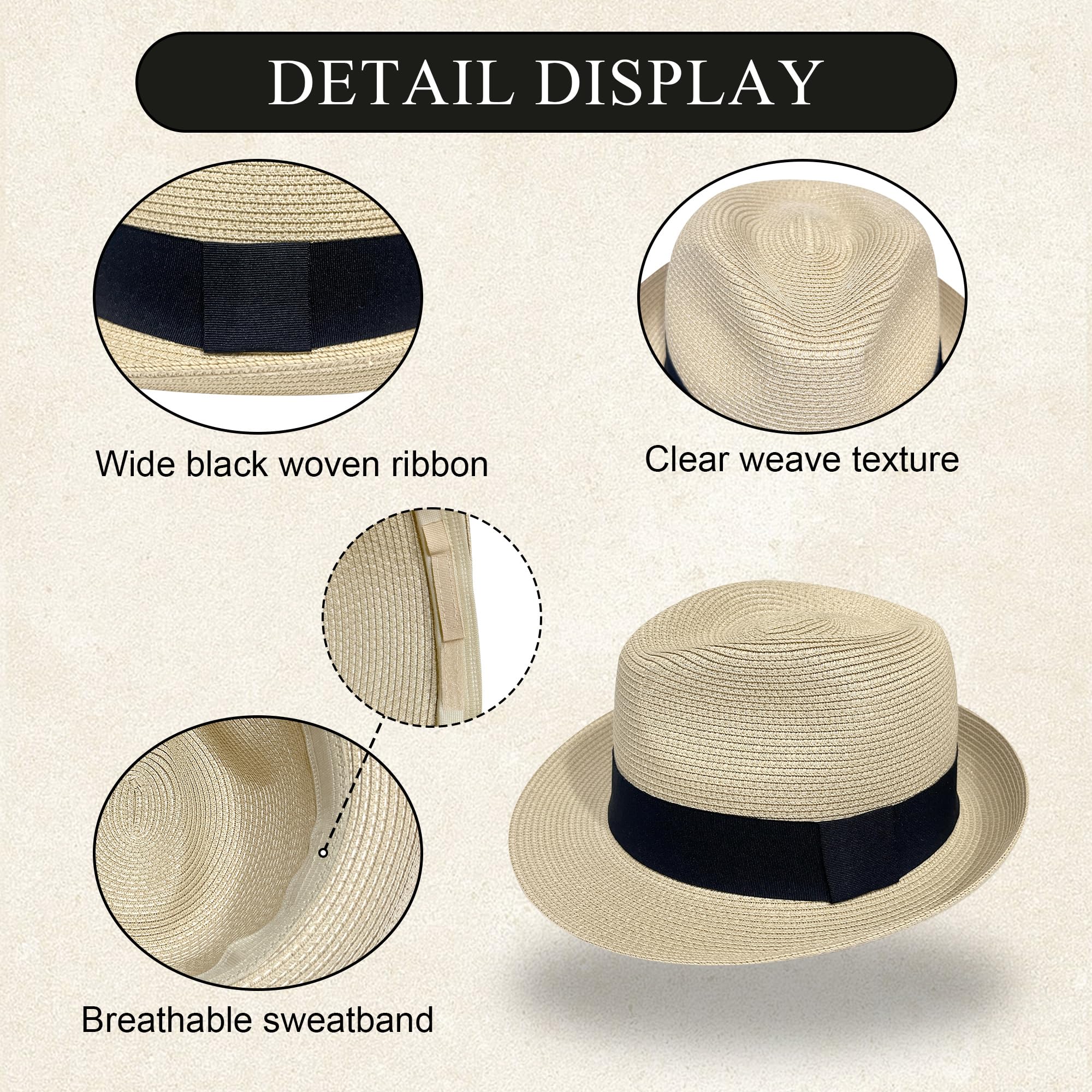 Wildarms Sombrero Fedora de Paja para Mujer, Estilo panamá, Sombrero de Verano con Banda Negra, Ligero y Transpirable