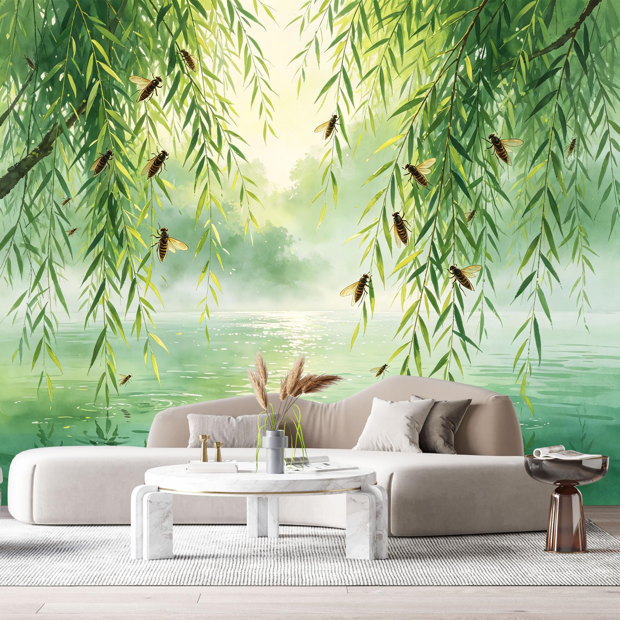 Custom Size Wall Murals Willow Lake Botanical Watercolor Green Leaves Dragonflies SelfAdhesive Wall Fabric Removable Large Wallpaper for Photo Living Room
