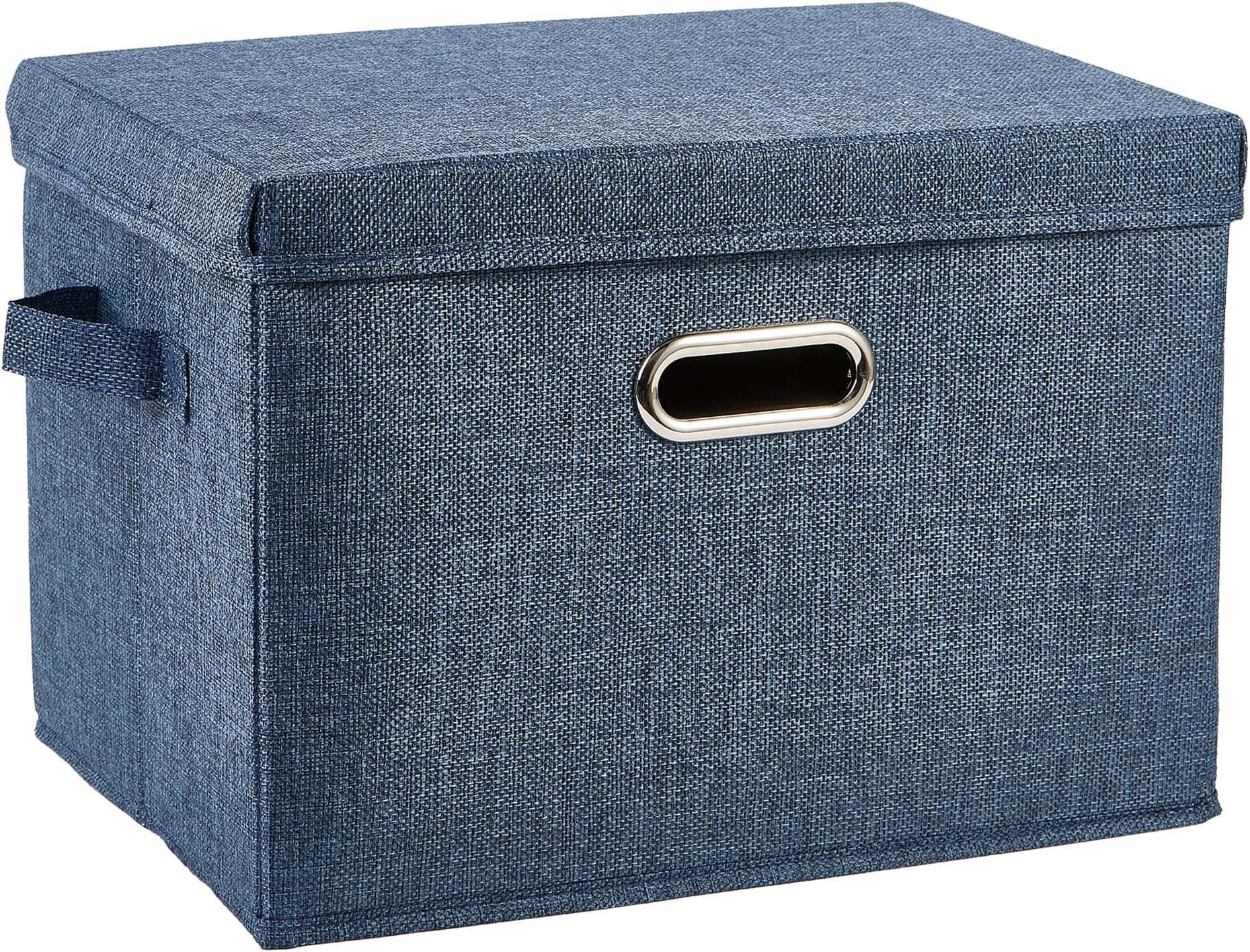 DAYARD Foldable Storage Boxes with Lids Linen Fabric Stackable Storage Bins Organizer Containers Baskets with Cover for Closet Office Nursery, Navy Extra Large