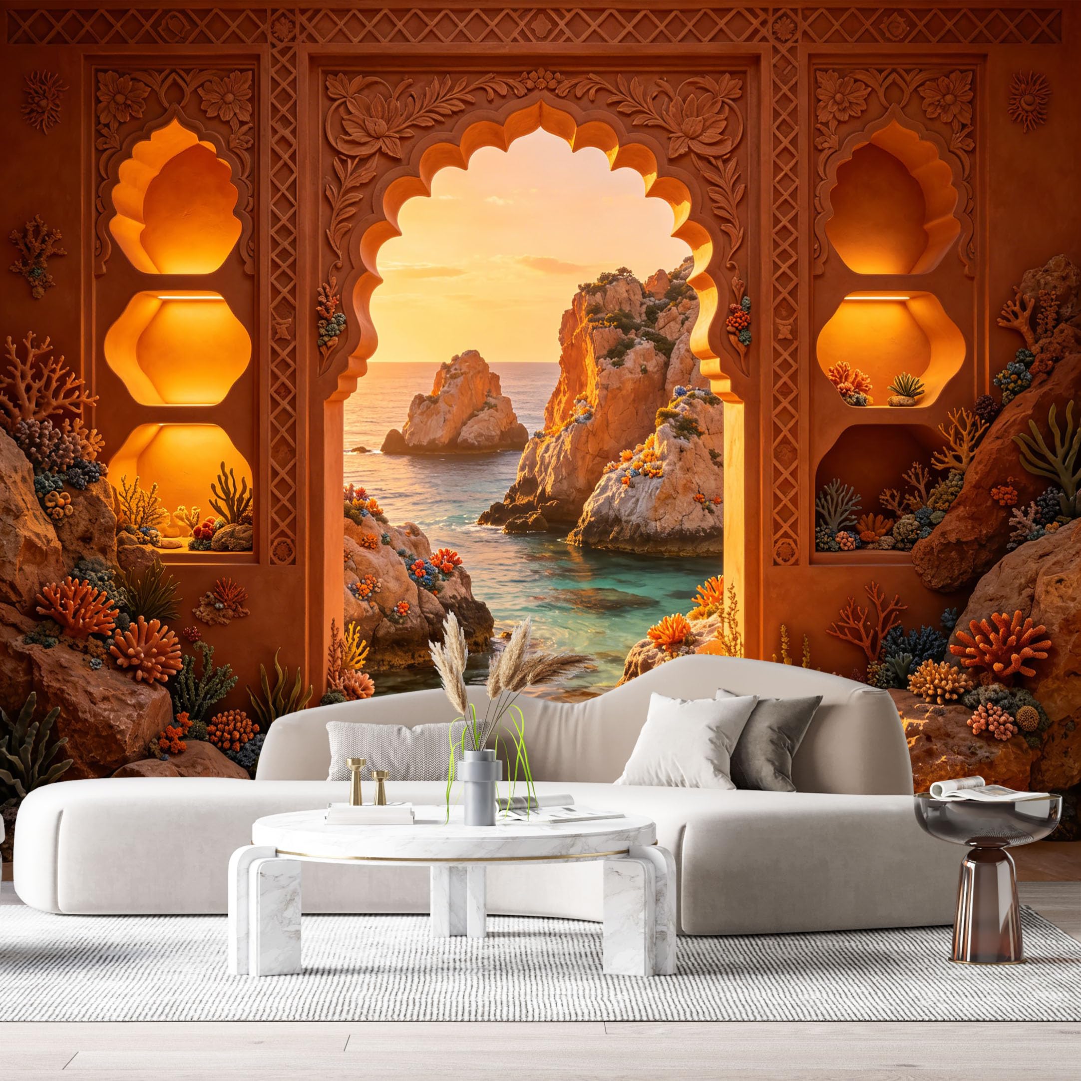 Custom Size Wall Murals Coastal Landscape Arch Sunset Ocean 3D Trompe L'Oeil SelfAdhesiveWall Fabric Removable Wallpaper Wall Decor for Living Room Bedroom Bathroom